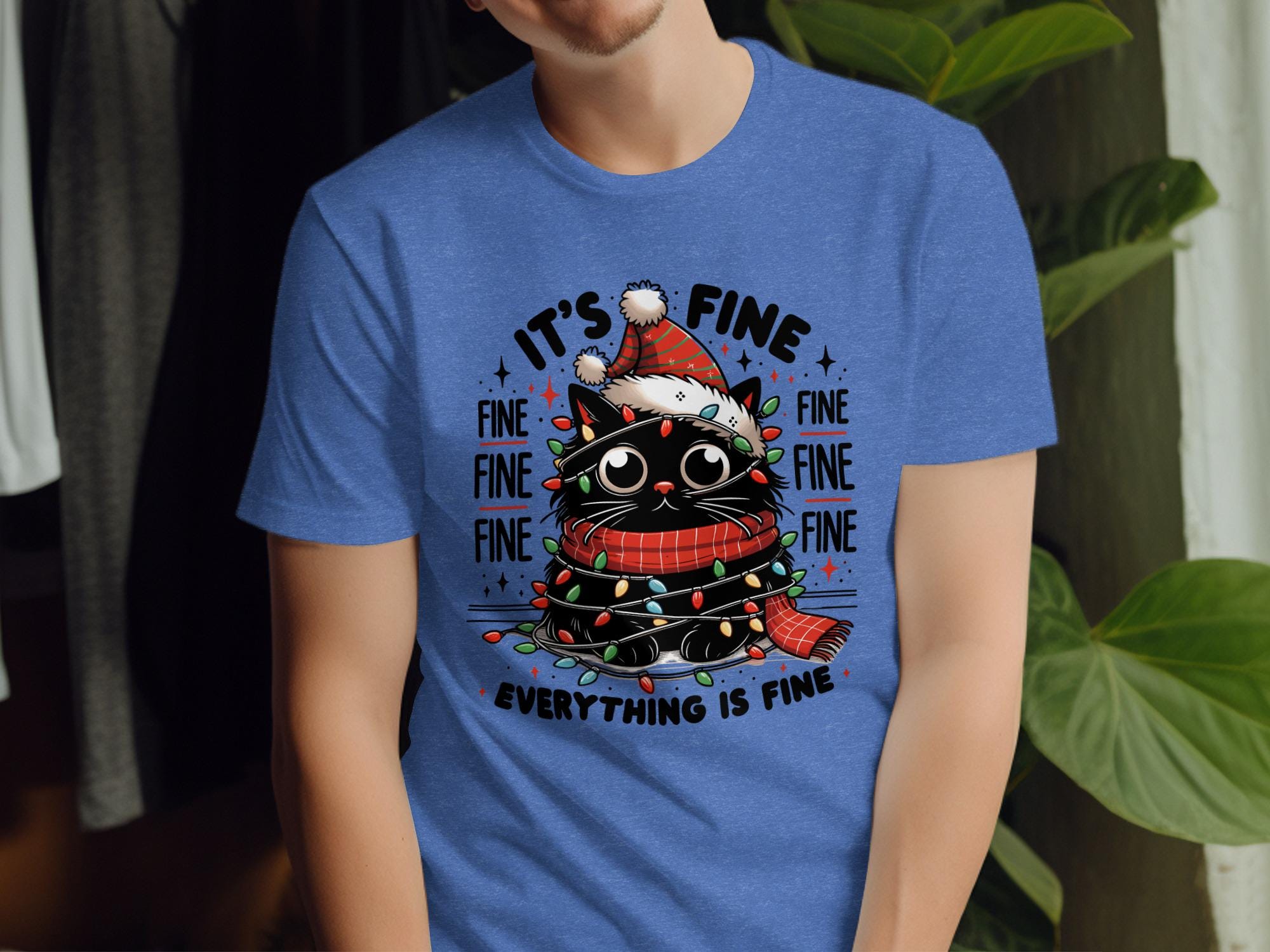 Funny Christmas Cat Shirt, Wrapped in Lights, Everything Is Fine Tee, Cute Holiday Cat Lover Gift, Xmas Humor Cat Tshirt for Him