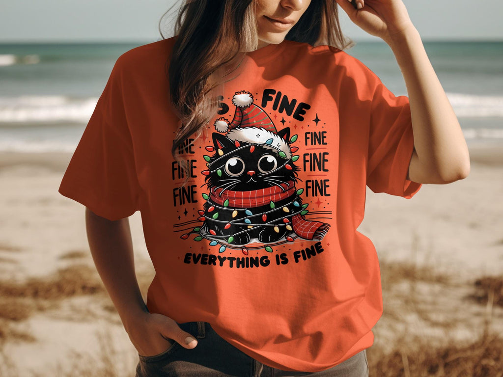 Funny Christmas Cat Shirt, Black Cat in Holiday Lights Tee, Quirky Xmas Graphic T-Shirt, Everything is Fine Cat Lover Gift