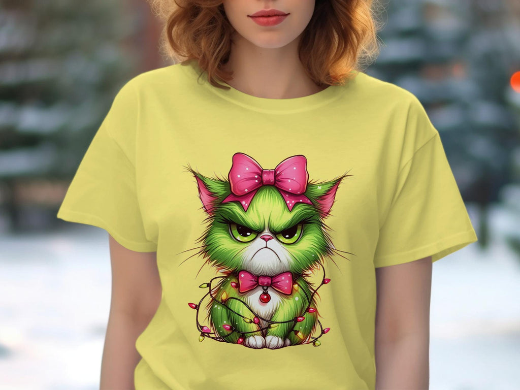 Funny Christmas Cat Shirt, Grumpy Kitten with Pink Bow Tee, Cute Holiday Pet Lover Gift, Women Christmas T-Shirt, Quirky Xmas Outfit