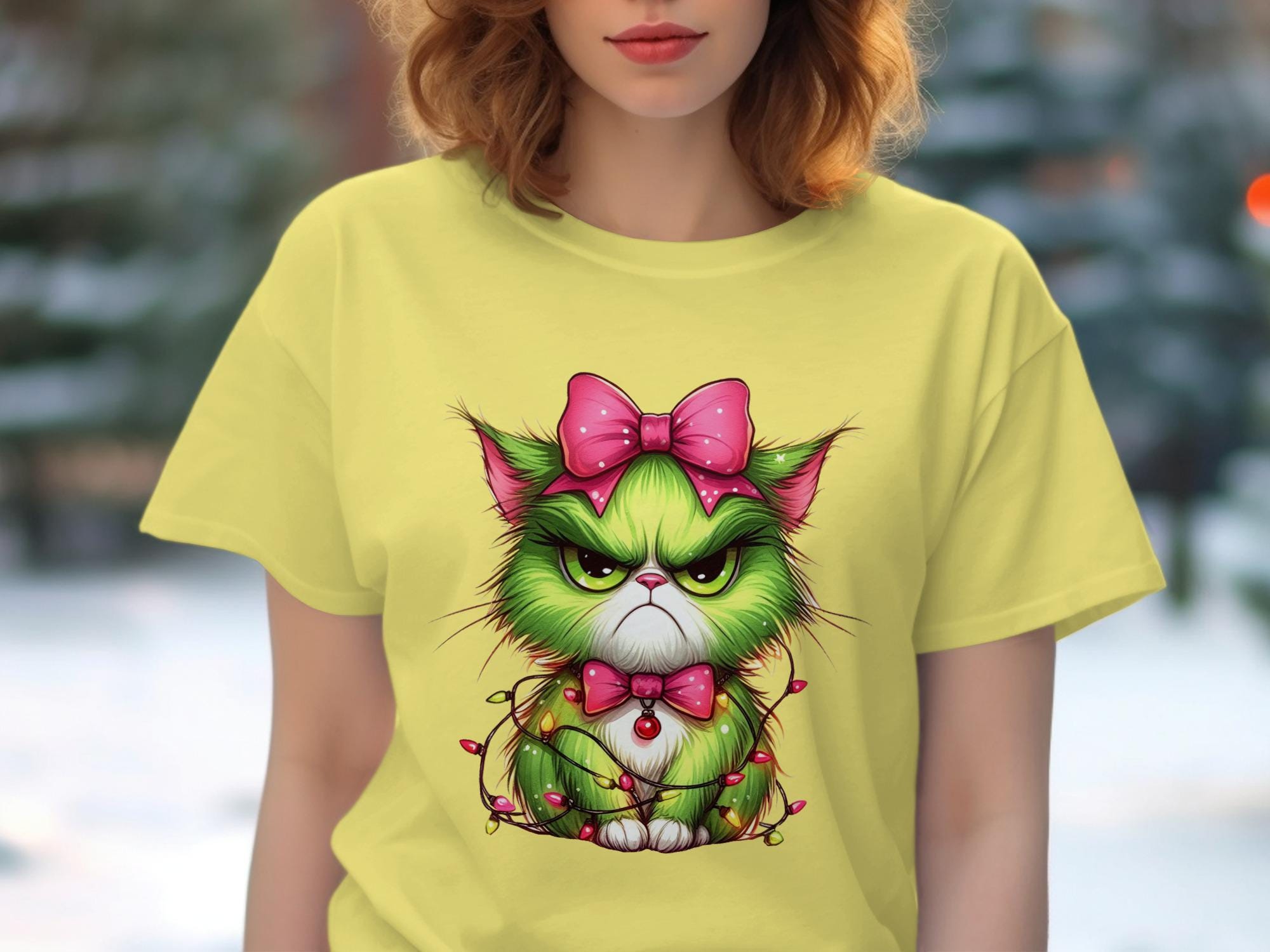 Funny Christmas Cat Shirt, Grumpy Kitten with Pink Bow Tee, Cute Holiday Pet Lover Gift, Women Christmas T-Shirt, Quirky Xmas Outfit