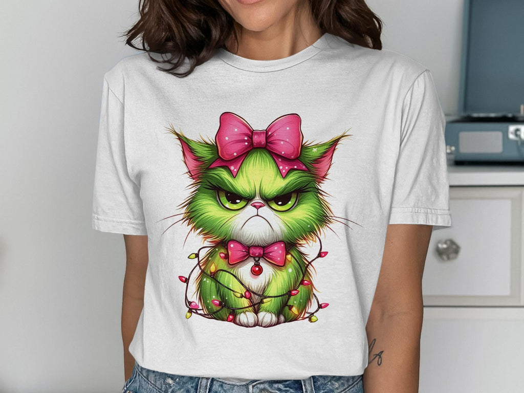 Grumpy Cat Christmas Shirt, Funny Holiday Cat Tee, Cute Festive Kitty Top, Green Grinch Cat T-Shirt, Xmas Cat Lover Gift