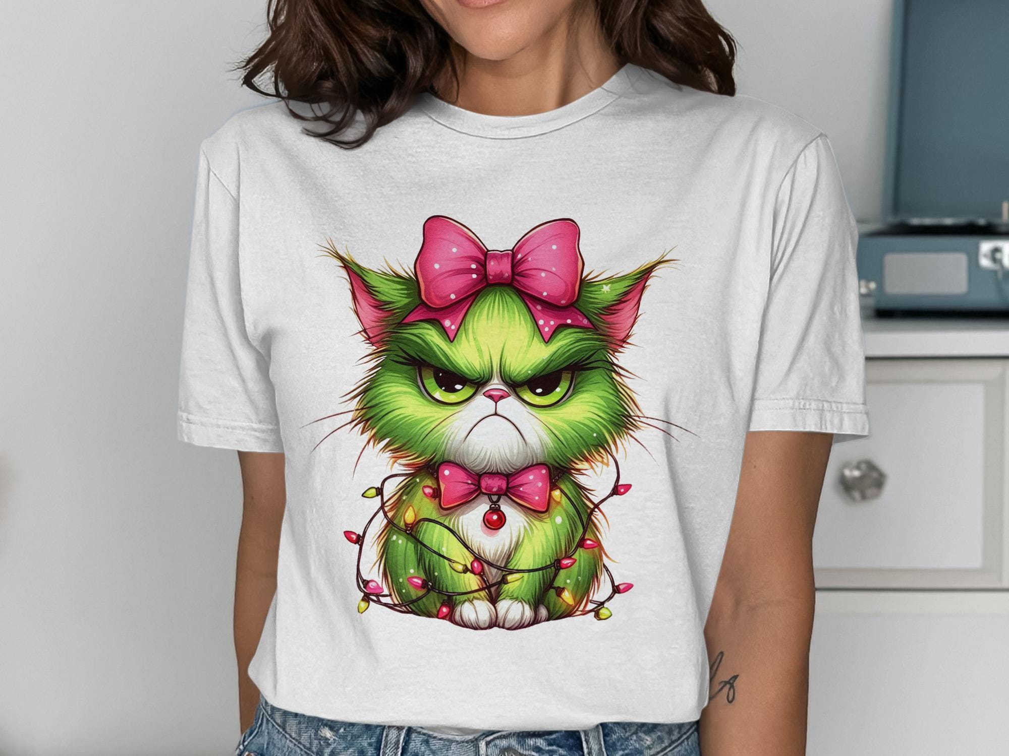 Grumpy Cat Christmas Shirt, Funny Holiday Cat Tee, Cute Festive Kitty Top, Green Grinch Cat T-Shirt, Xmas Cat Lover Gift