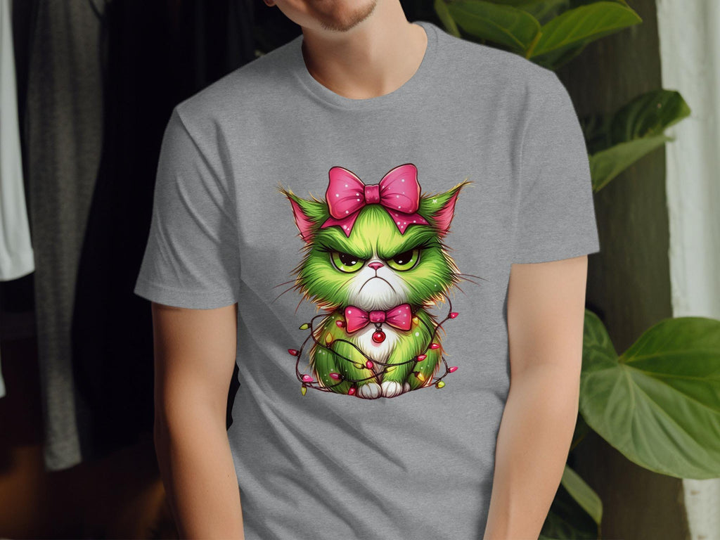 Grumpy Cat with Bow Tee, Funny Cat Art T-Shirt, Cute Cat Lovers Gift, Quirky Cat Face Shirt, Cool Graphic Cat Tee