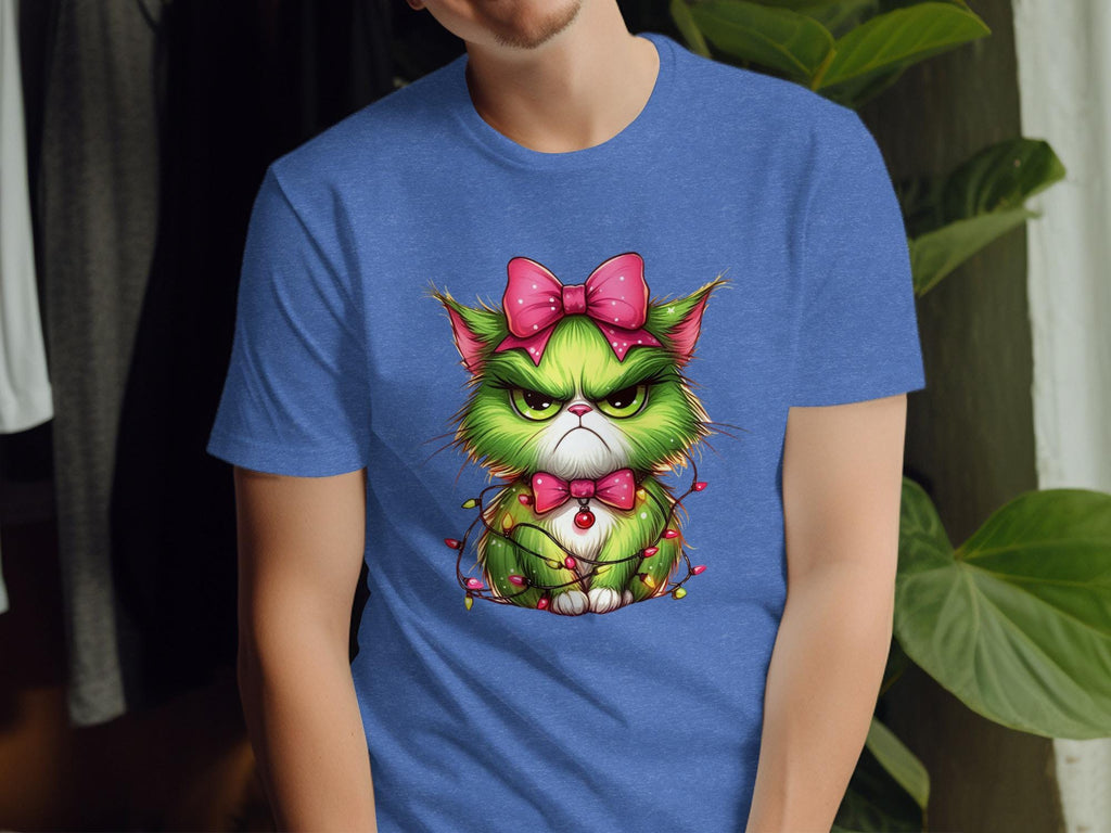 Cute Grumpy Green Cat with Pink Bow T-Shirt, Funny Cat Lover Gift, Unique Cat Graphic Tee, Cool Pet Apparel, Trendy Cat Print Shirt
