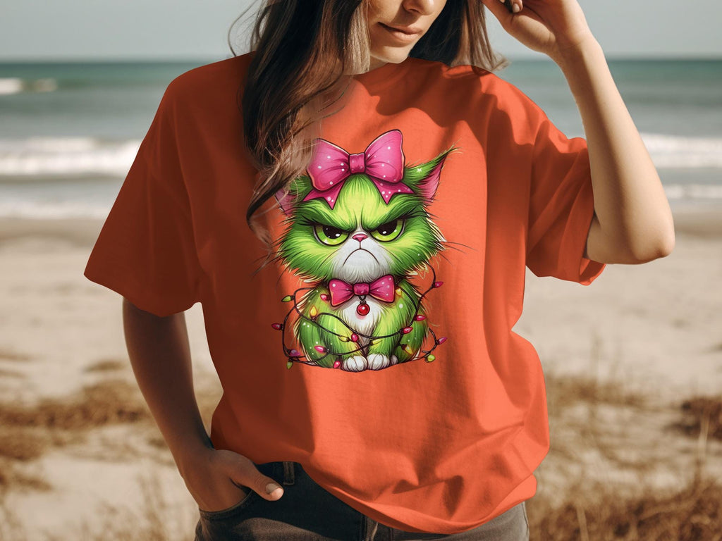Cute Grumpy Cat T-Shirt, Funny Cat Shirt With Bow, Quirky Cat Art Tee, Trendy Cat Lovers Gift, Cool Graphic Cat Top
