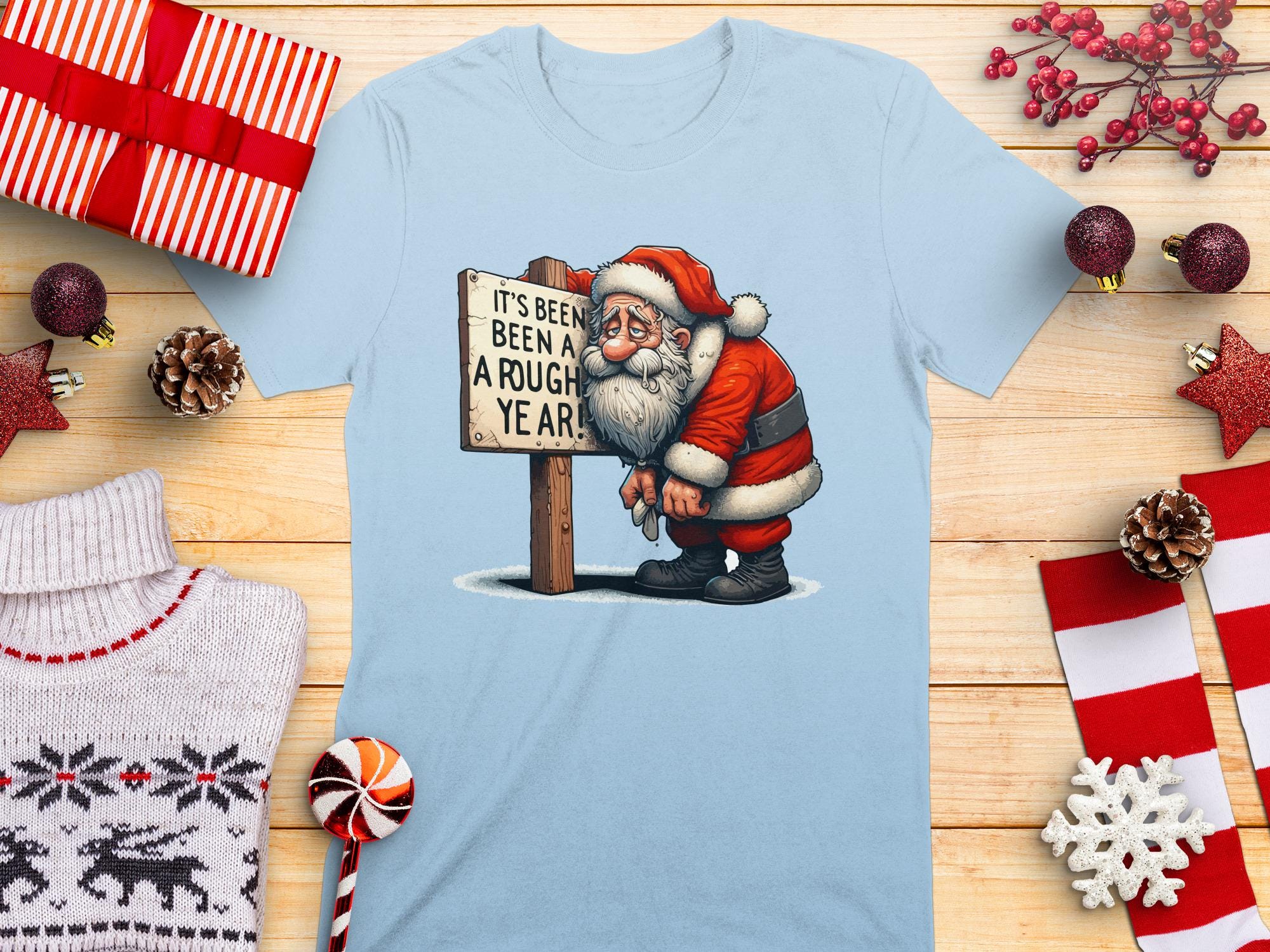 Funny Santa T-Shirt, Cute Christmas Gift, It&#39;s Been A Rough Year, Humorous Holiday Shirt, Unique Xmas Present, Santa Claus Tee