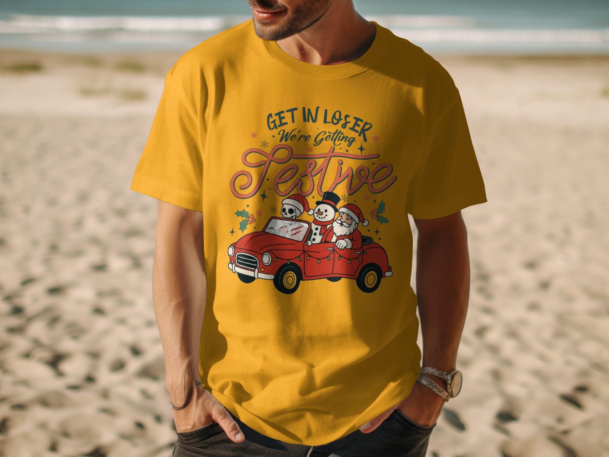 Get in Loser We&#39;re Getting Festive Graphic Tee, Funny Christmas Shirt, Holiday Party T-Shirt, Cute Santa Claus and Snowman Tee