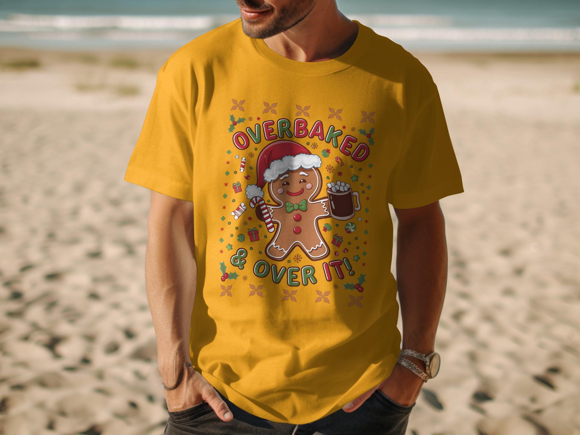 Christmas gingerbread man shirt, Funny holiday graphic tee, Overbaked and over it slogan, Cute festive design, Beachwear holiday shirt