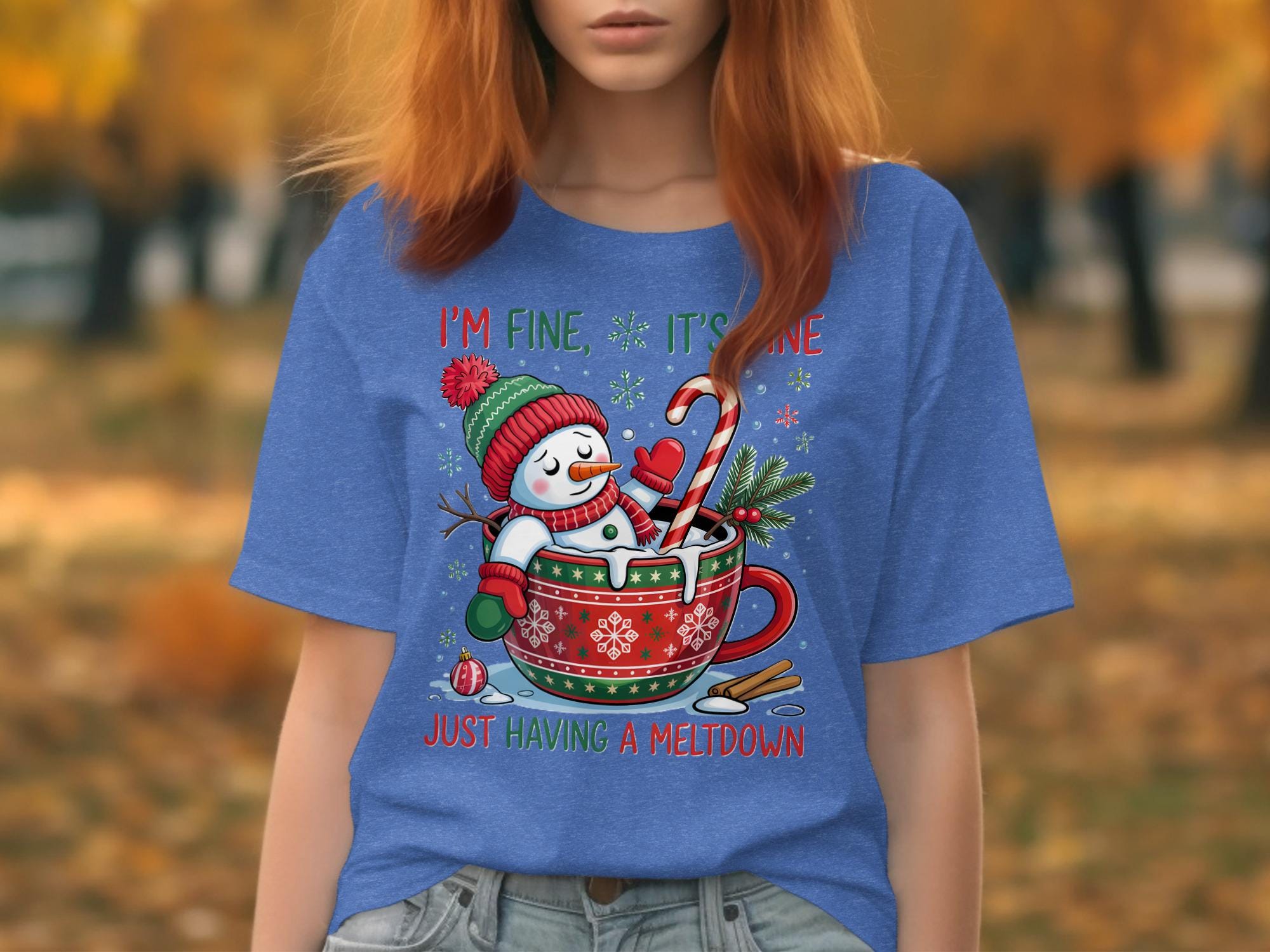 Snowman Christmas T-Shirt, Funny Holiday Tee, I&#39;m Fine It&#39;s Fine Just Having A Meltdown, Cute Cup Pun Shirt For Winter