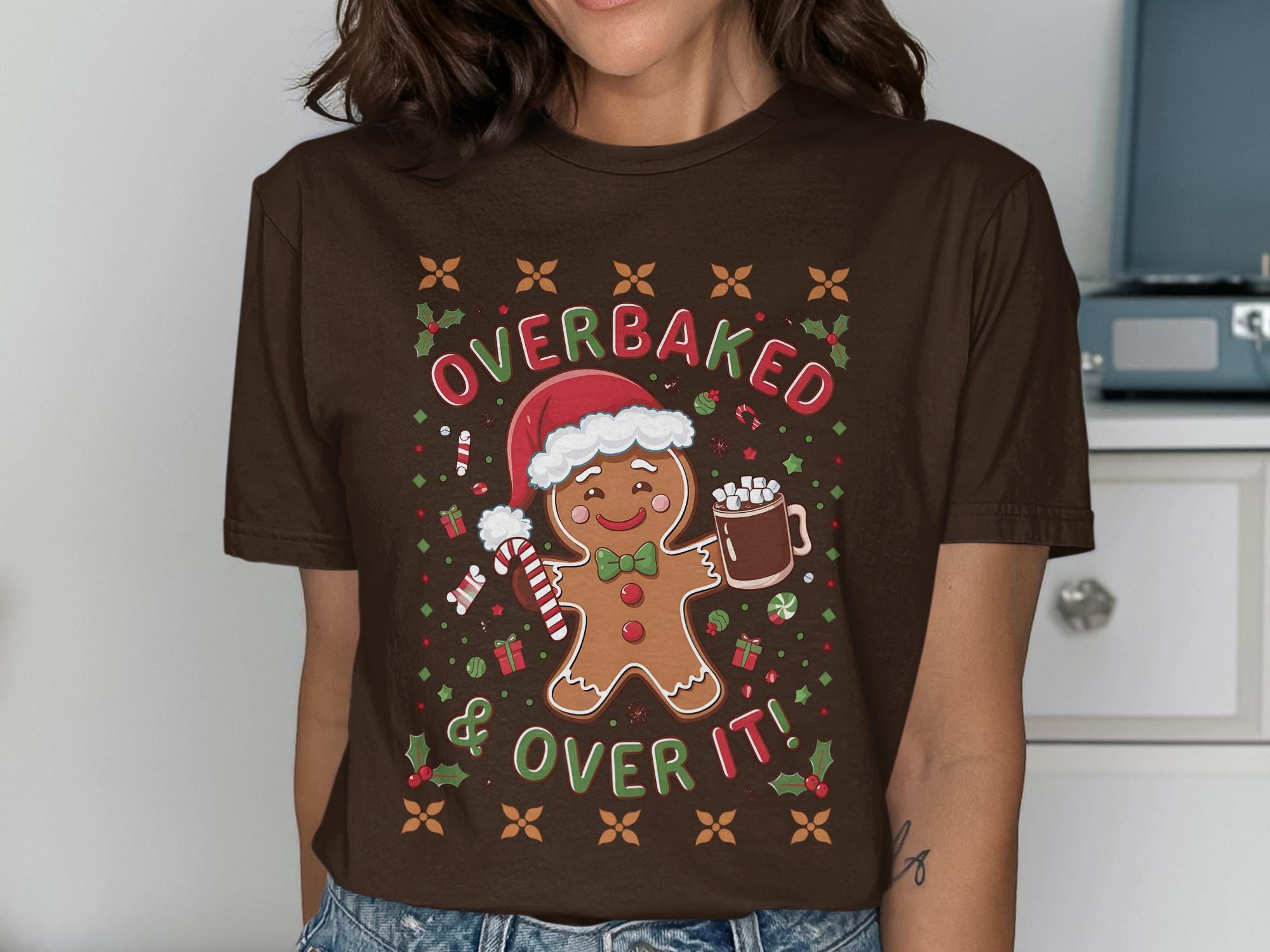 Christmas Gingerbread Man Shirt, Overbaked and Over It Tee, Funny Holiday Graphic T-Shirt, Cute Winter Top, Xmas Party Outfit