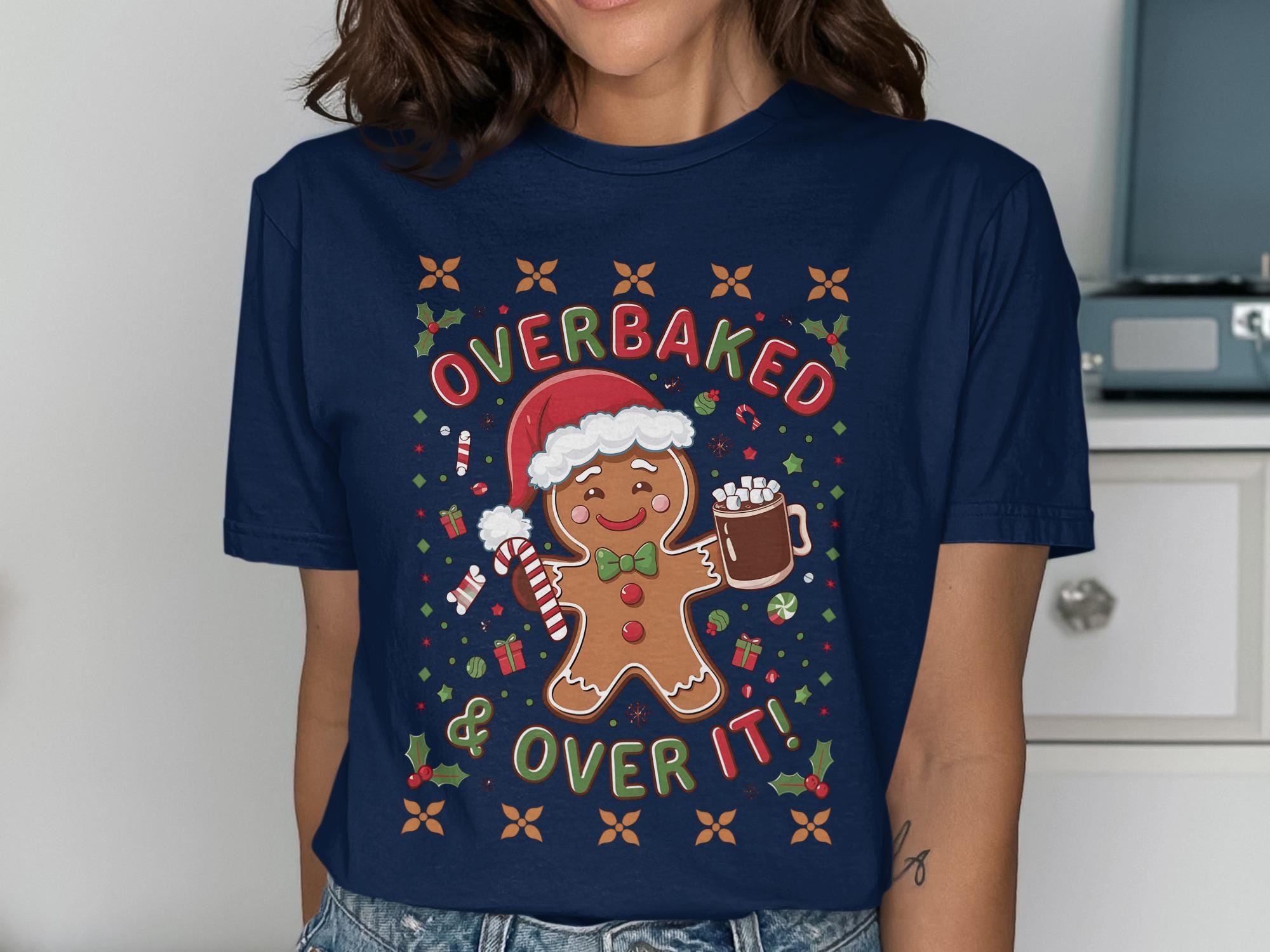 Overbaked and Over It Shirt, Funny Christmas Shirt, Gingerbread Man Tee, Holiday Humor T-Shirt, Christmas Party Wear, Cute Xmas Top