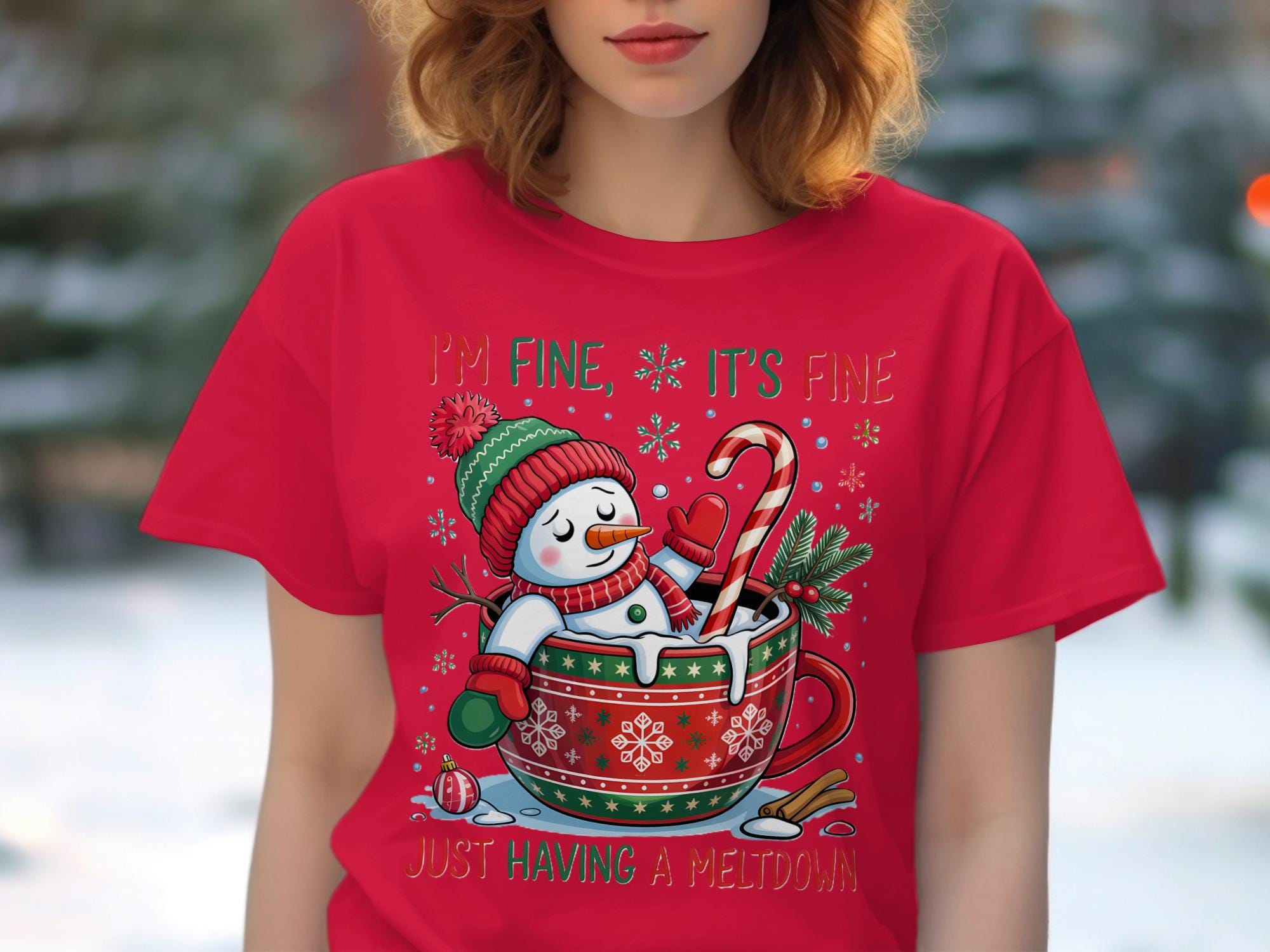 Funny Snowman Christmas Shirt, I&#39;m Fine It&#39;s Fine Just Having A Meltdown Tee, Cute Festive Holiday Graphic T-Shirt