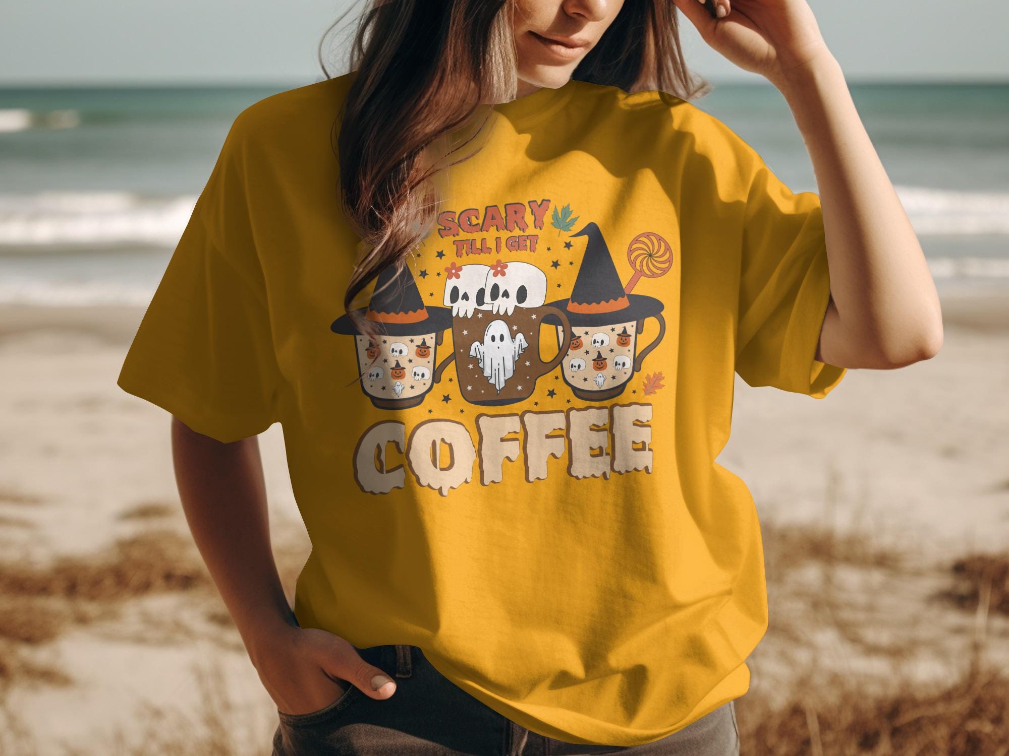 Scary Till I Get Coffee Shirt, Halloween Coffee Mug Design Tee, Funny Halloween Shirt, Spooky Season Coffee Lover Gift