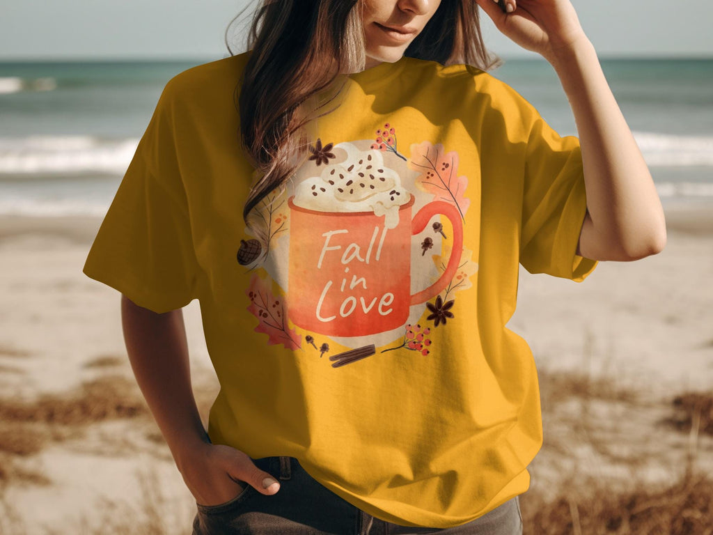 Fall In Love Mug T-shirt, Cozy Fall Shirt, Autumn Graphic Tee, Cute Coffee Shirt, Fall Outfit, Seasonal Apparel