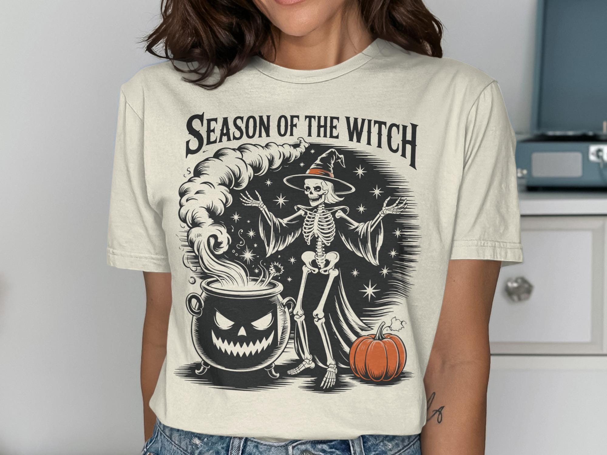 Vintage Halloween Skeleton Witch Shirt, Halloween Graphic Tee, Spooky Season Top, Retro Halloween Shirt, Witchy Fall Shirt