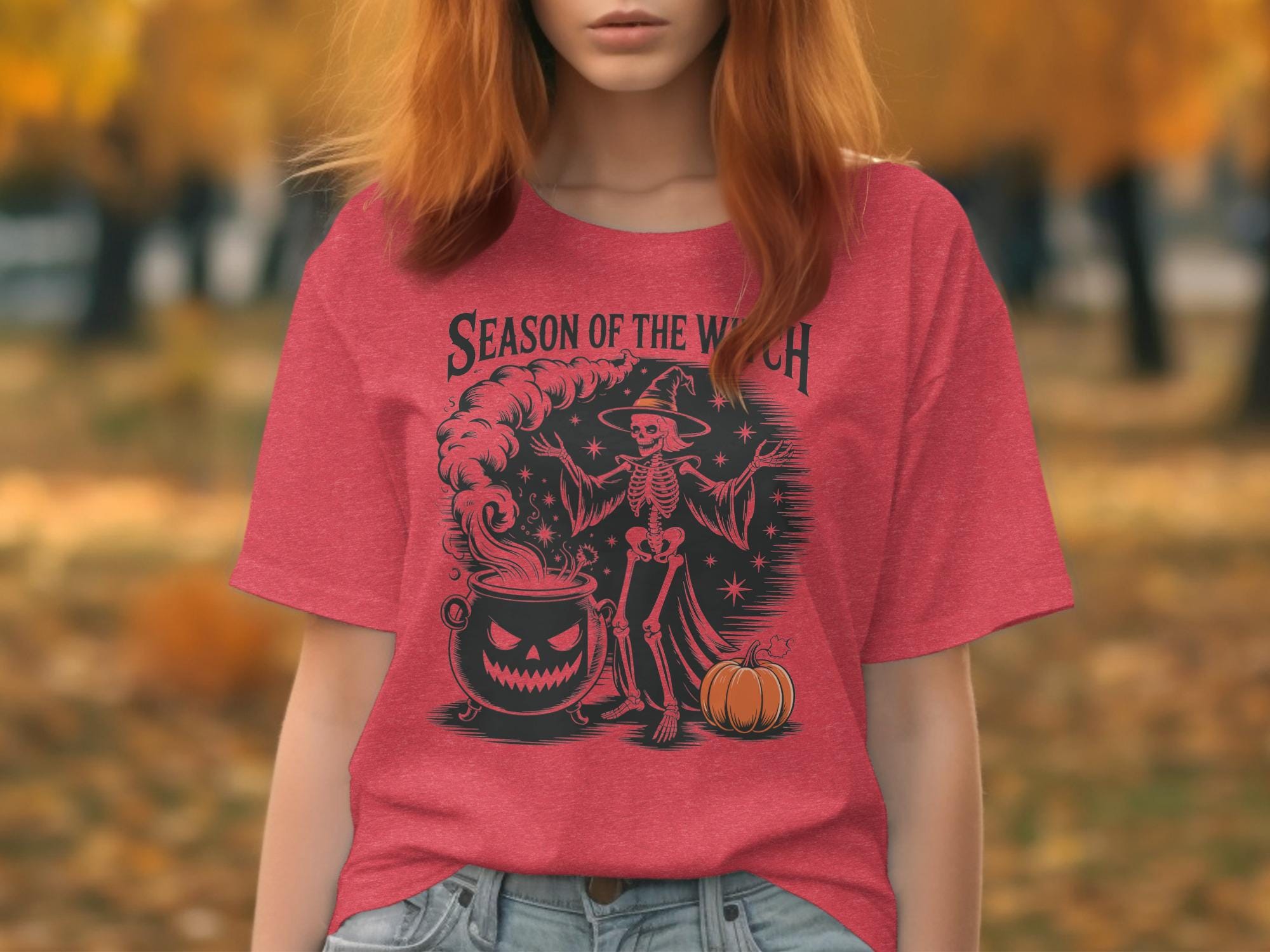 Season of the Witch graphic tee, Halloween spooky skeleton shirt, Witchy fall t-shirt, Pumpkin cauldron Halloween top