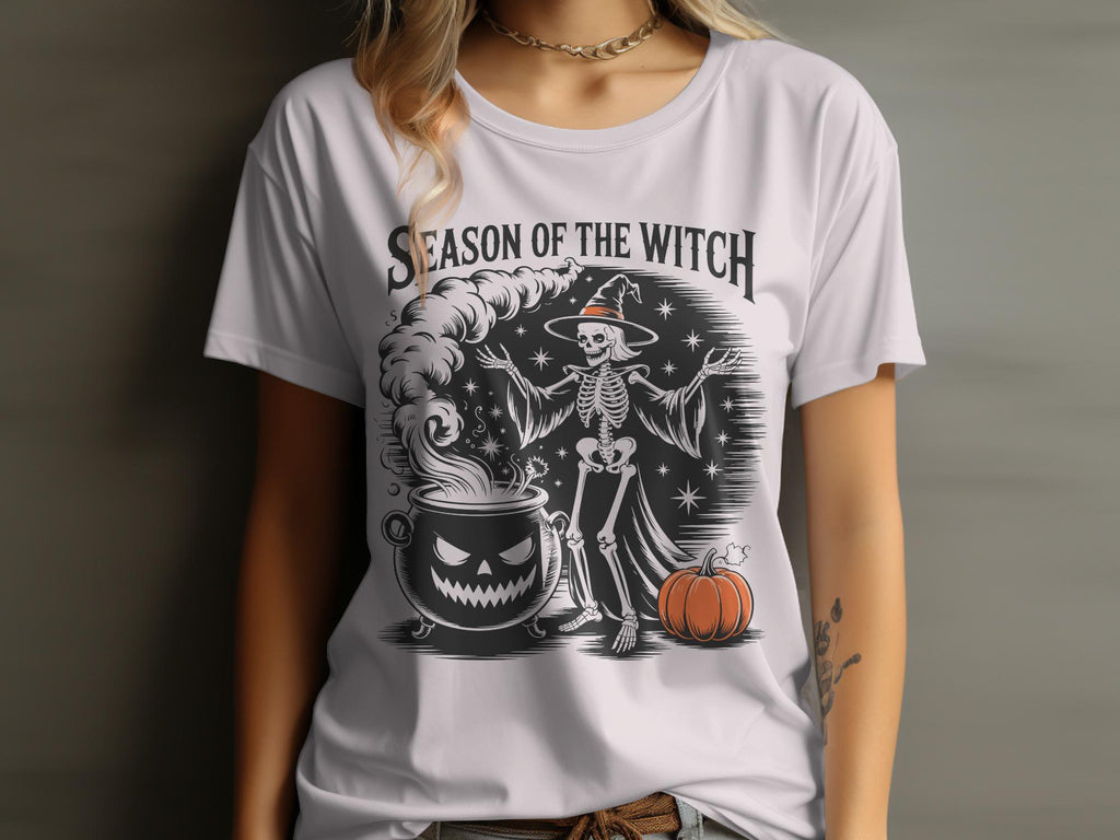 Season of the Witch Halloween Shirt, Skeleton Witch Shirt, Cauldron Pumpkin Halloween Tee, Spooky Skeleton Witch Shirt