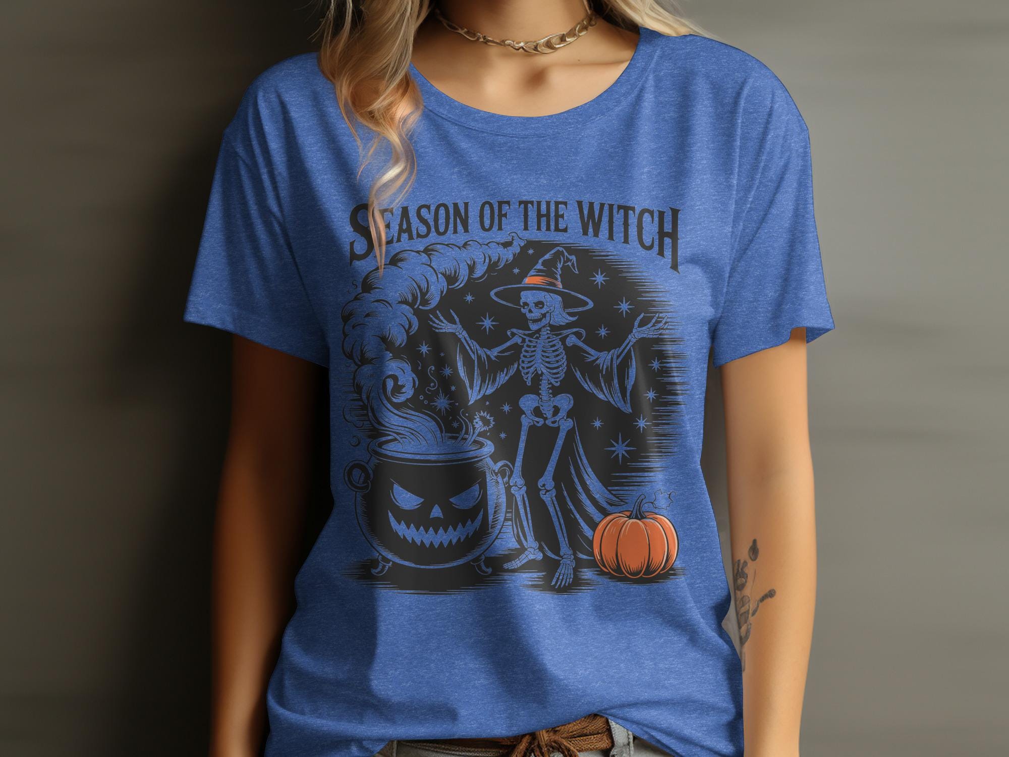 Halloween witch skeleton graphic tee, spooky cauldron pumpkin shirt, season of the witch Halloween t-shirt, festive fall top