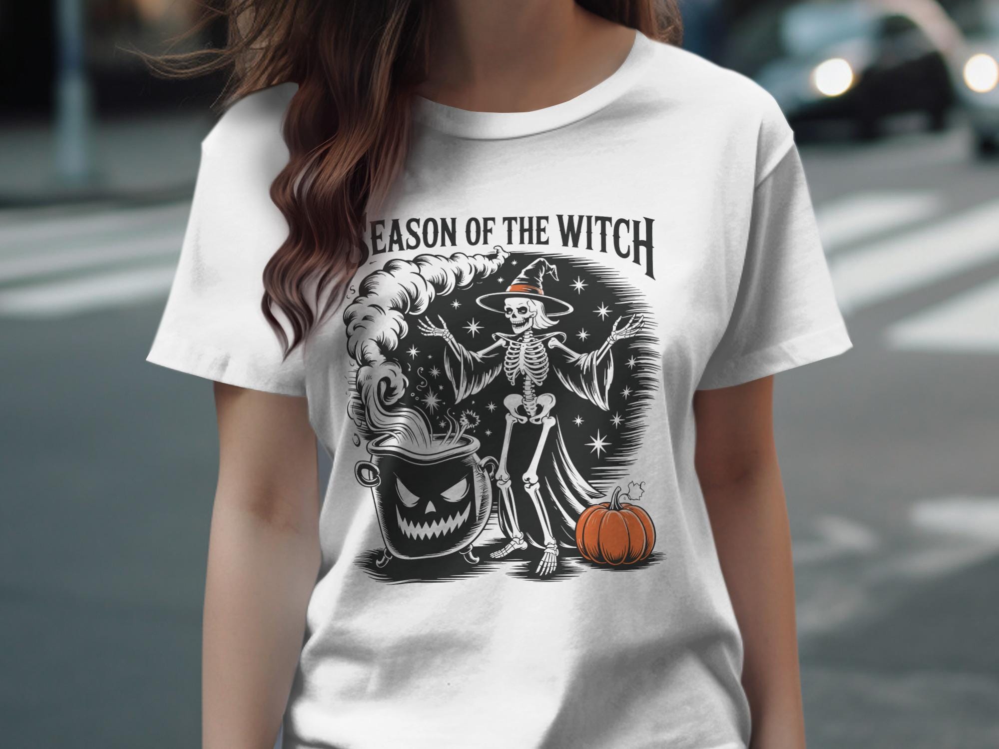 Season of the Witch Shirt, Halloween Skeleton Witch Tee, Spooky Pumpkin Design, Cute Halloween Clothing, Festive Witchy Graphic Tee