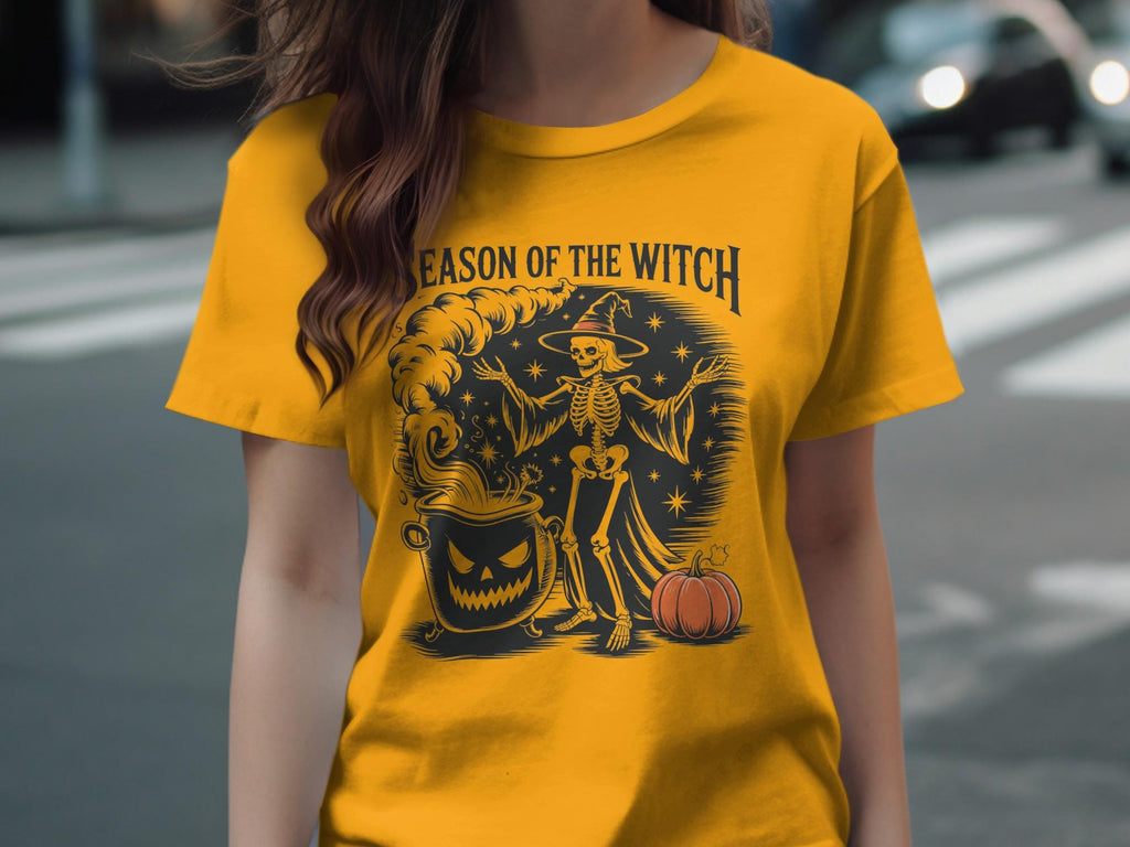 Season of the Witch graphic tee, Halloween witch skeleton shirt, spooky pumpkin design top, women&#39;s Halloween costume tshirt