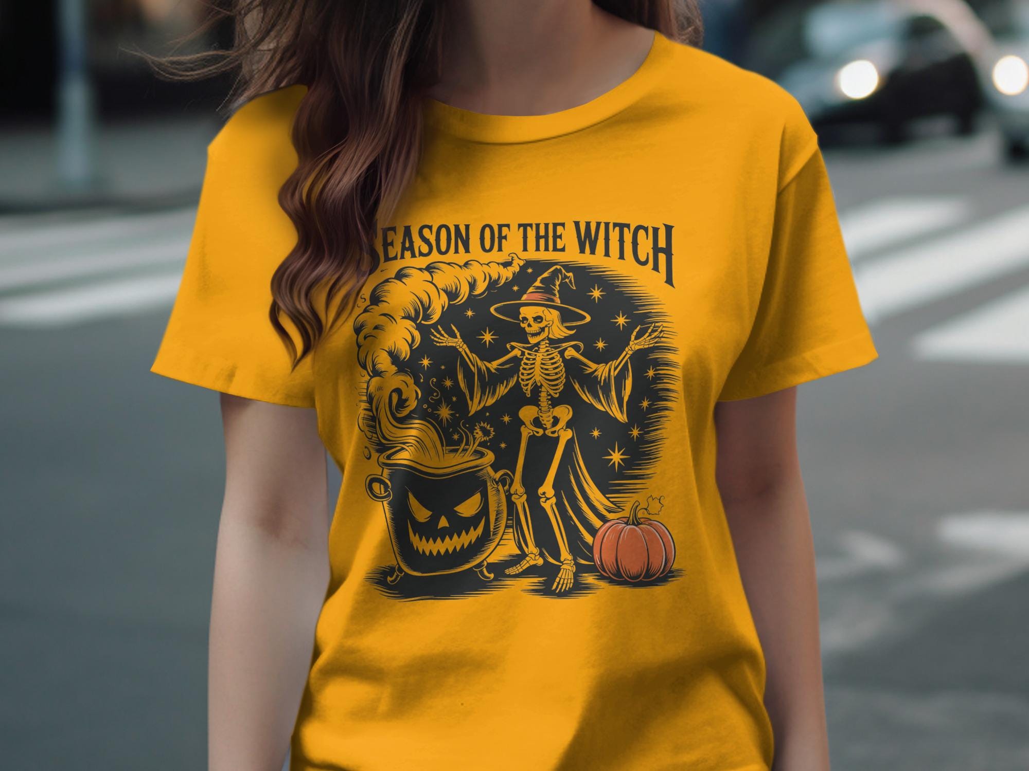 Season of the Witch graphic tee, Halloween witch skeleton shirt, spooky pumpkin design top, women&#39;s Halloween costume tshirt