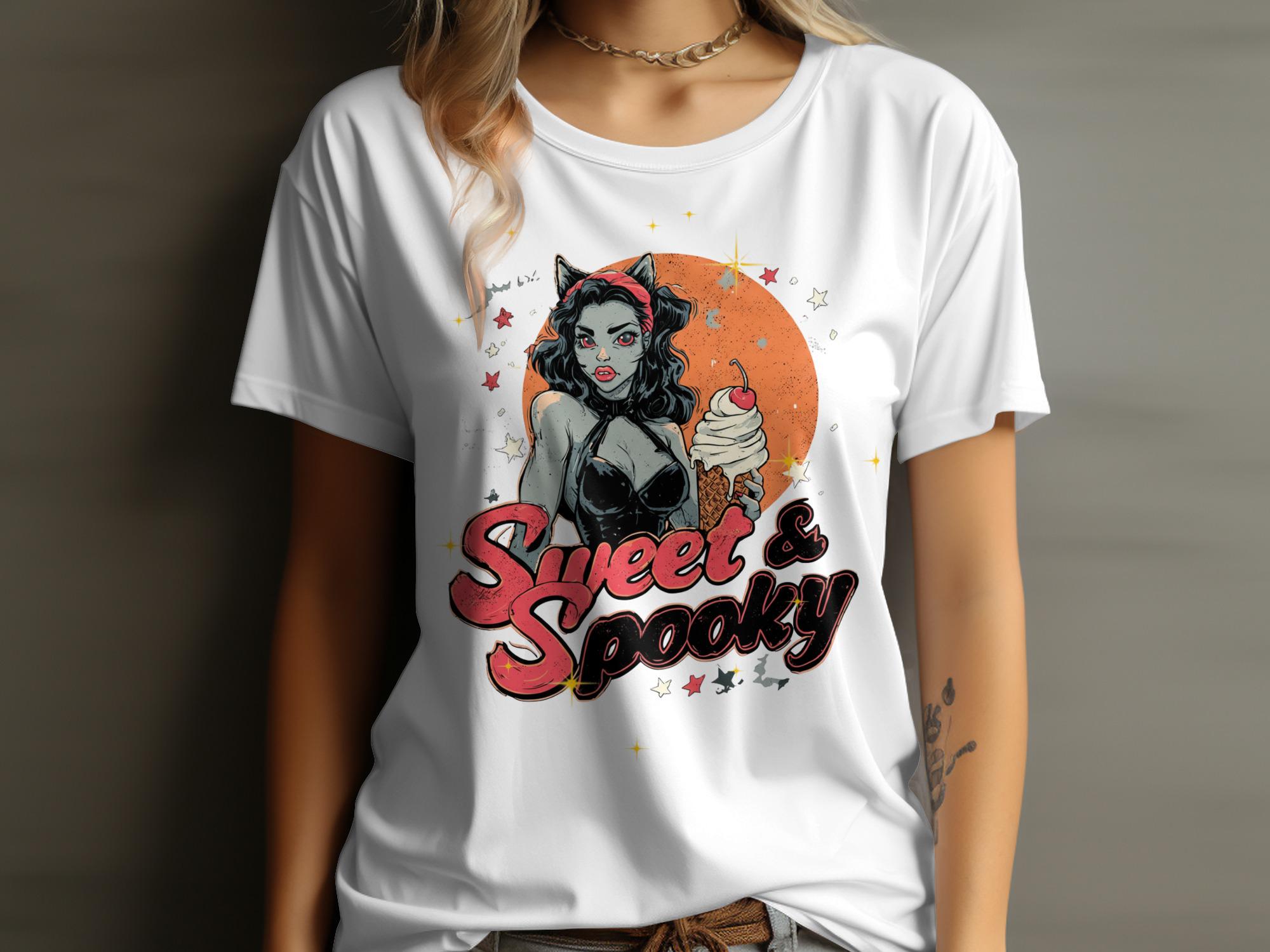 Sweet and Spooky Graphic Tee, Halloween Vintage Doll Shirt, Cute Cat Costume Design, Retro Ice Cream Illustration Shirt
