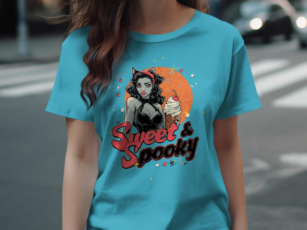 Sweet and Spooky Halloween Shirt, Retro Goth Graphic Tee, Cute Witch Apparel, Women&#39;s Halloween T-Shirt, Fun Halloween Costume