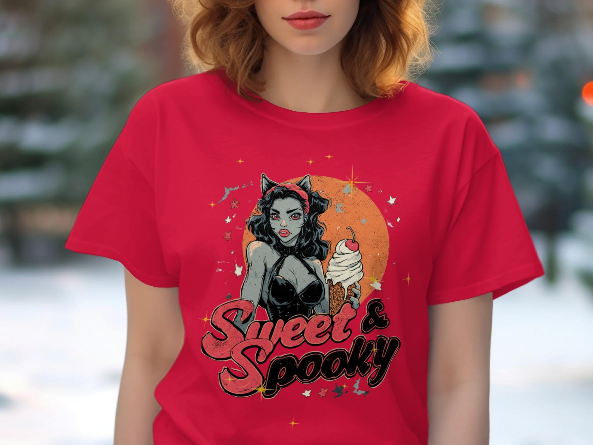 Sweet and Spooky Graphic Tee, Cat Ear Girl T-Shirt, Halloween Ice Cream Shirt, Cute and Creepy Design, Red Women&#39;s Top