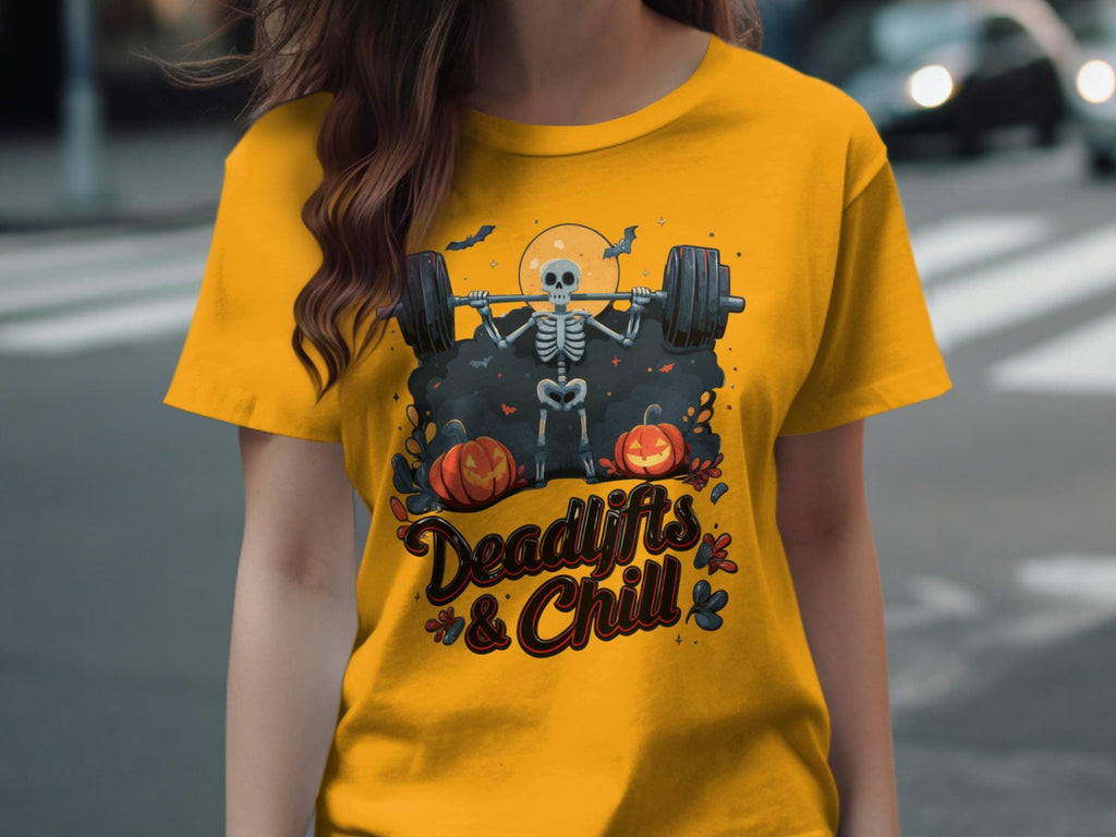 Deadlifts and Chill Halloween Shirt, Gym Workout Skeleton T-Shirt, Fitness Enthusiast Halloween Tee, Funny Gym Shirt