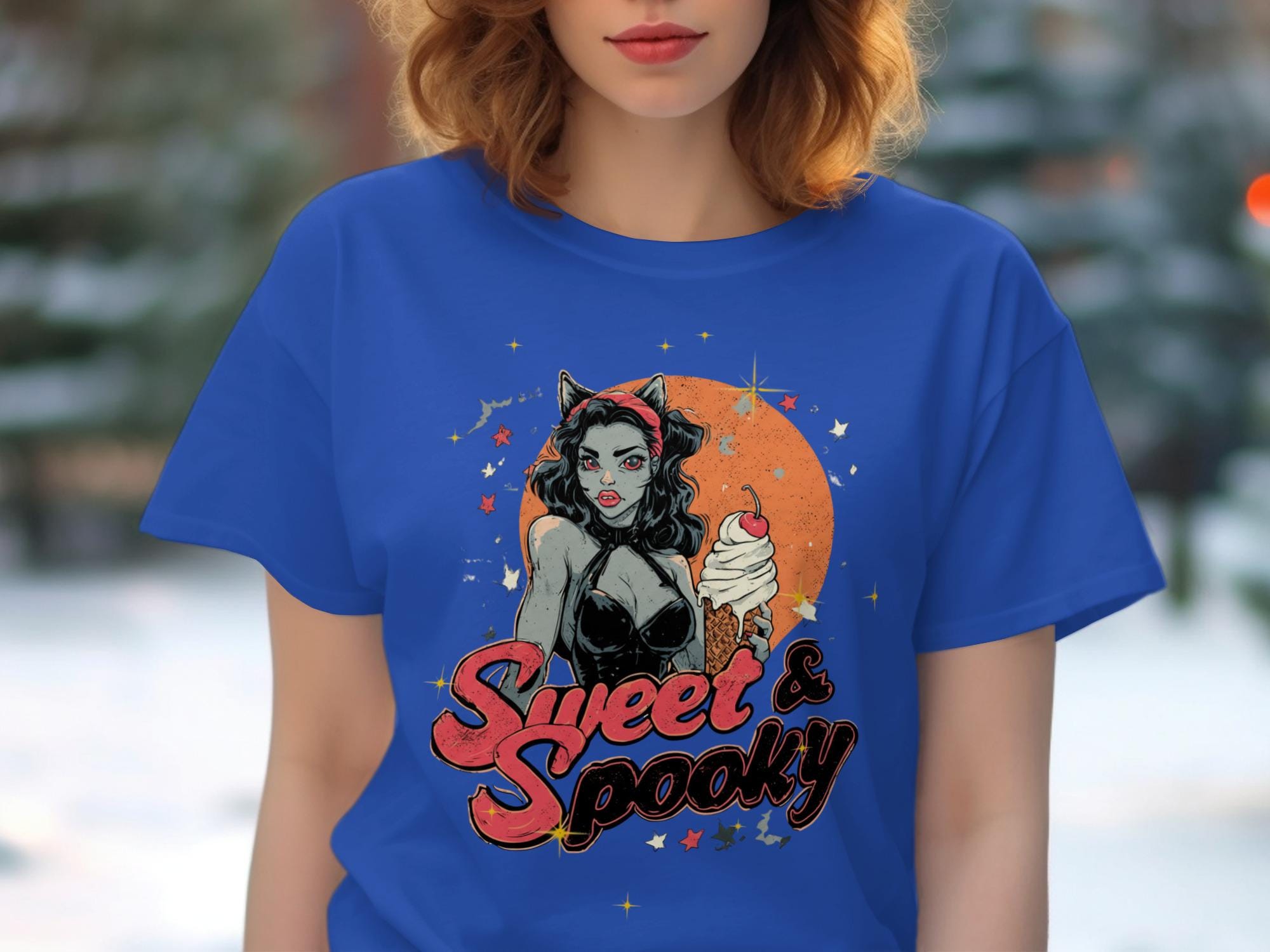 Sweet and Spooky T-Shirt, Halloween Graphic Tee, Ice Cream Cat Girl Design, Fun Halloween Shirt, Blue Graphic Printed Tee