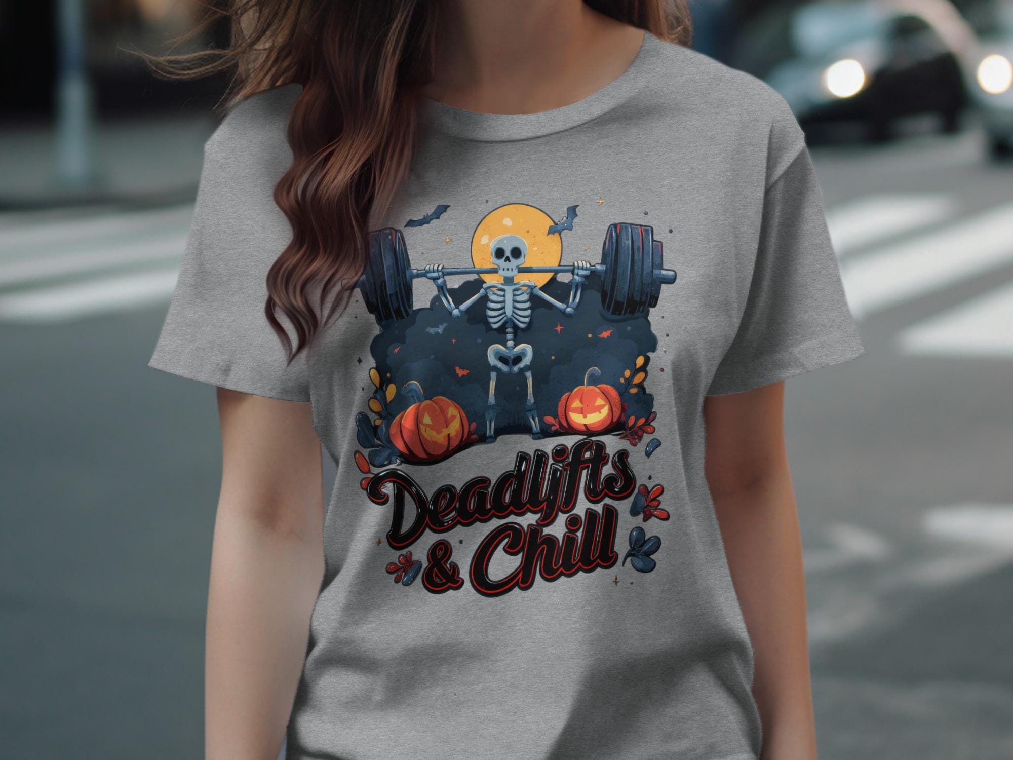Halloween Deadlifts and Chill Shirt, Fun Workout Skeleton T-Shirt, Weightlifting Fitness Tee, Pumpkin Gym Shirt, Spooky Exercise Top