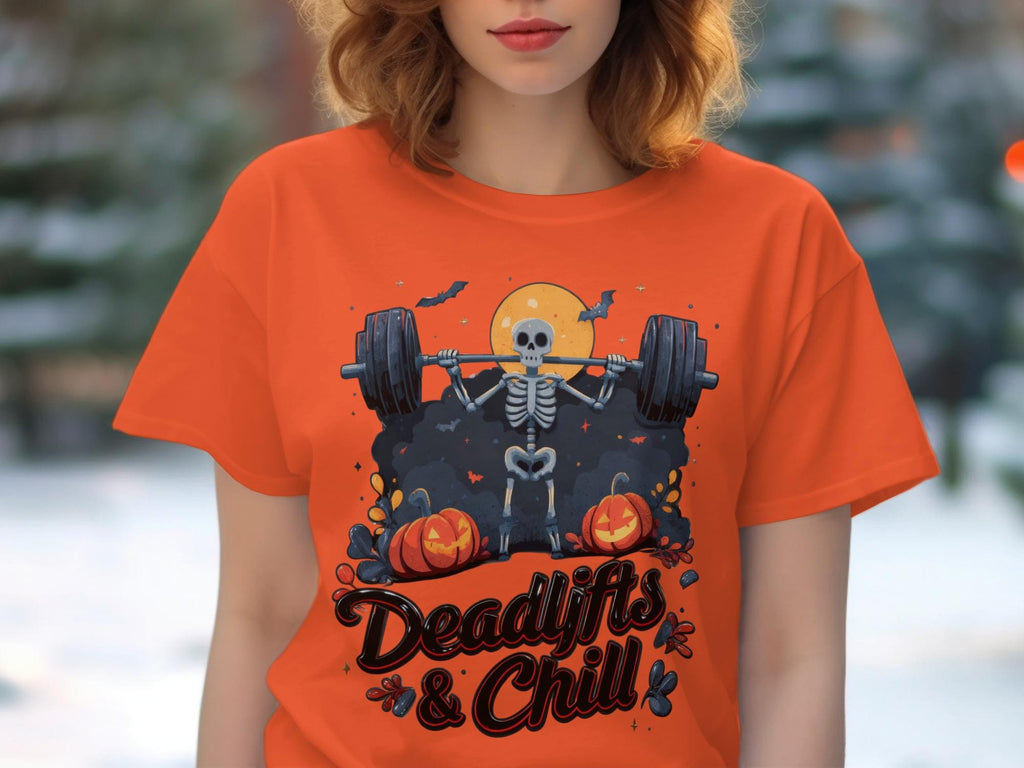 Deadlifts and Chill Halloween T-Shirt Skeleton Lifting Weights Cute Gym Graphic Tee Funny Workout Top Holiday Fall Shirt