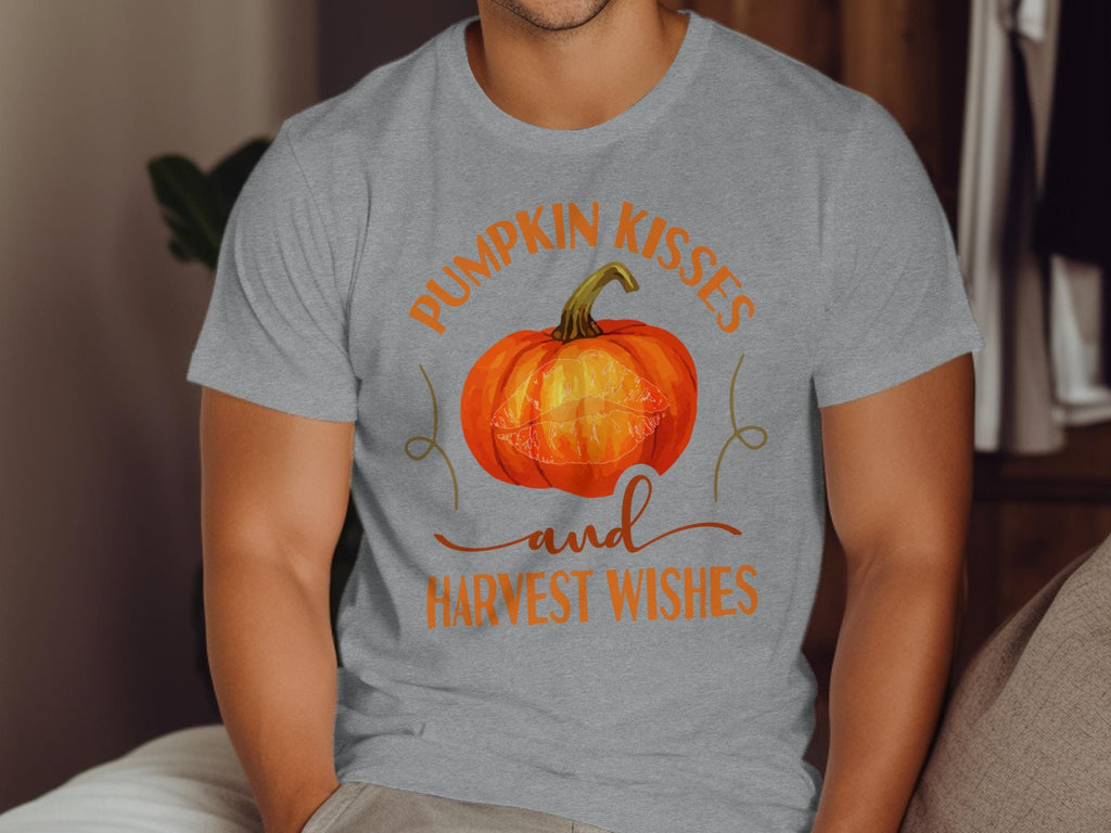 Pumpkin Kisses and Harvest Wishes Shirt, Fall Tee, Autumn Graphic T-Shirt, Cozy Autumn Apparel, Seasonal Clothing for Fall