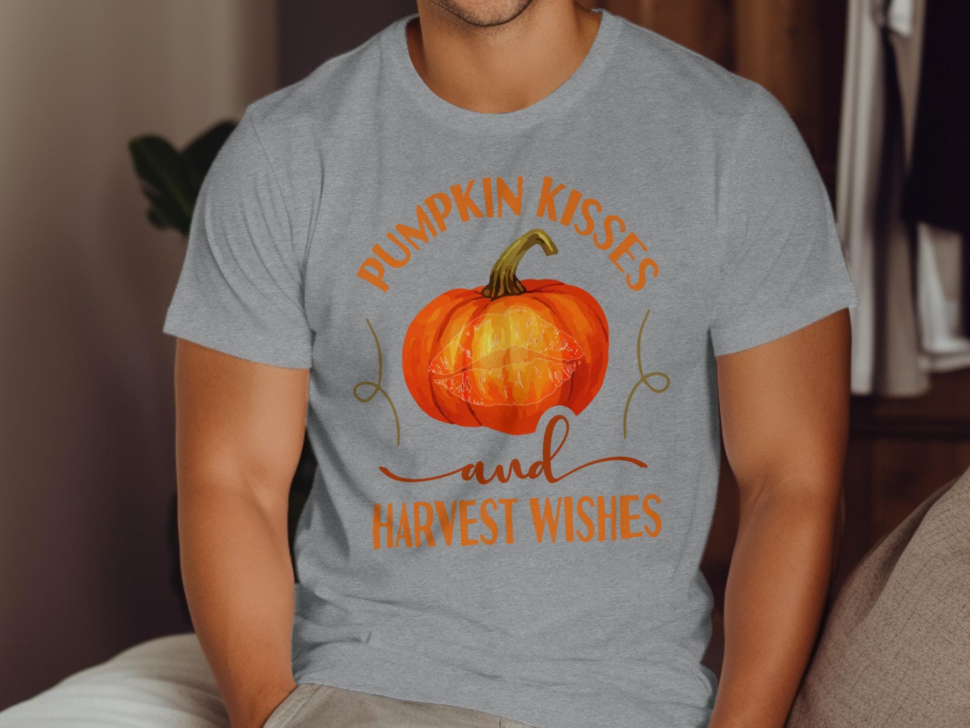 Pumpkin Kisses and Harvest Wishes Shirt, Fall Tee, Autumn Graphic T-Shirt, Cozy Autumn Apparel, Seasonal Clothing for Fall