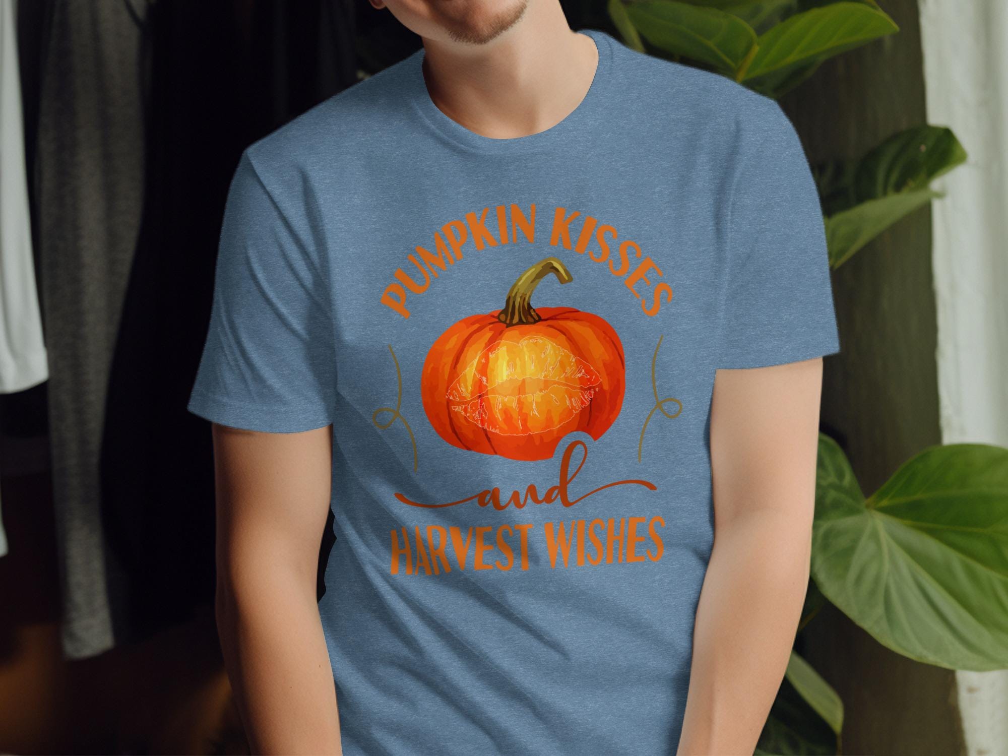 Pumpkin Kisses and Harvest Wishes Shirt, Fall Autumn Themed Graphic Tee, Cozy Season Apparel for Pumpkin Lovers