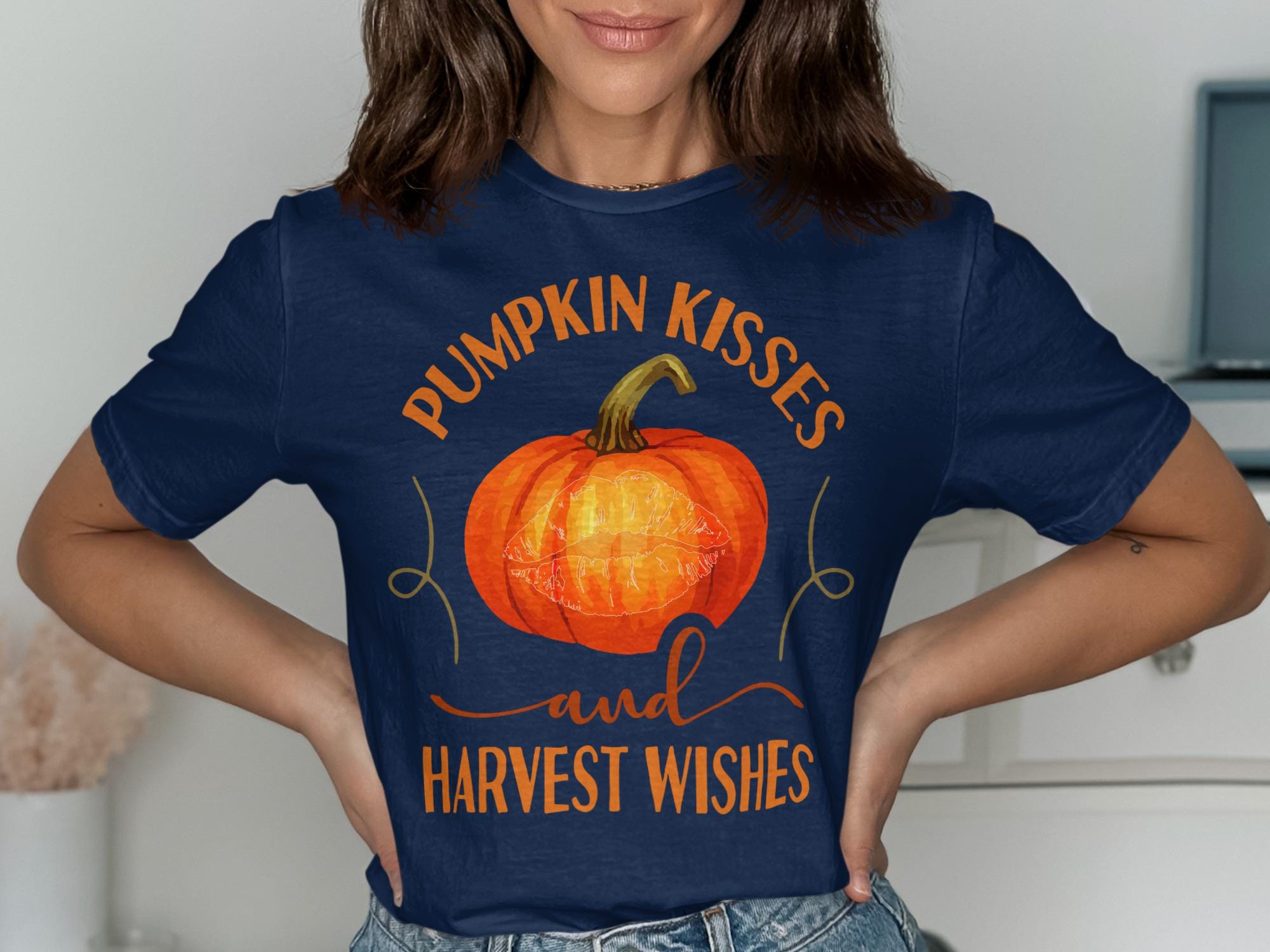 Pumpkin Kisses and Harvest Wishes Shirt, Fall Season Graphic Tee, Halloween Pumpkin T-Shirt, Autumn Casual Outfit, Thanksgiving Gift