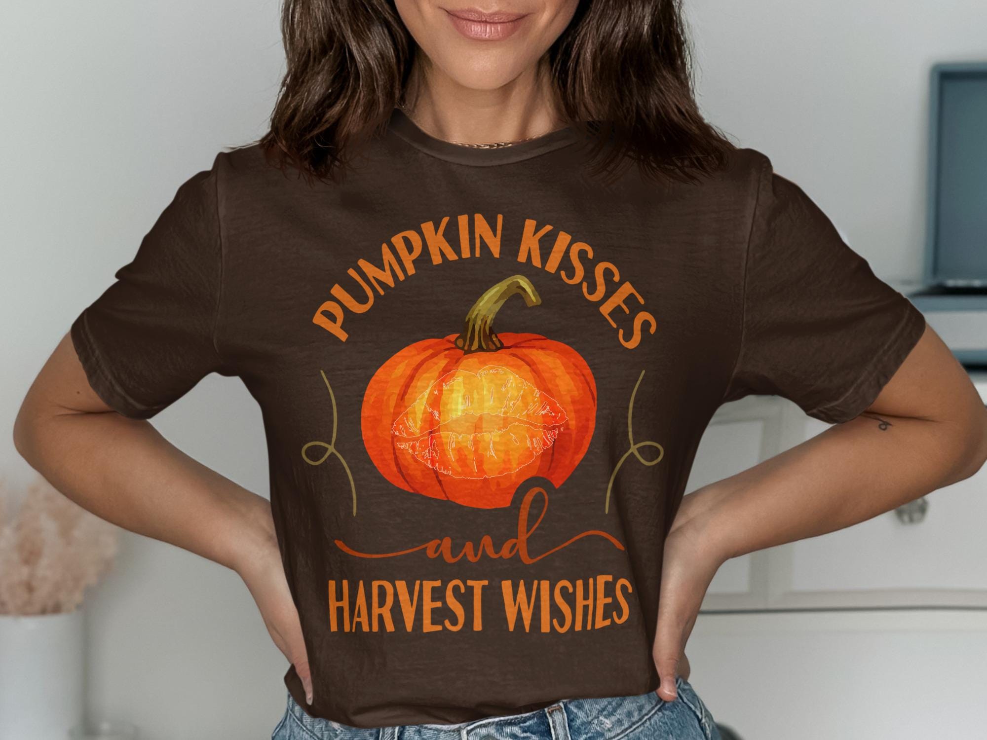 Pumpkin Kisses and Harvest Wishes T-Shirt, Fall Season Graphic Tee, Autumn Pumpkin Shirt, Thanksgiving Outfit, Cozy Fall Apparel