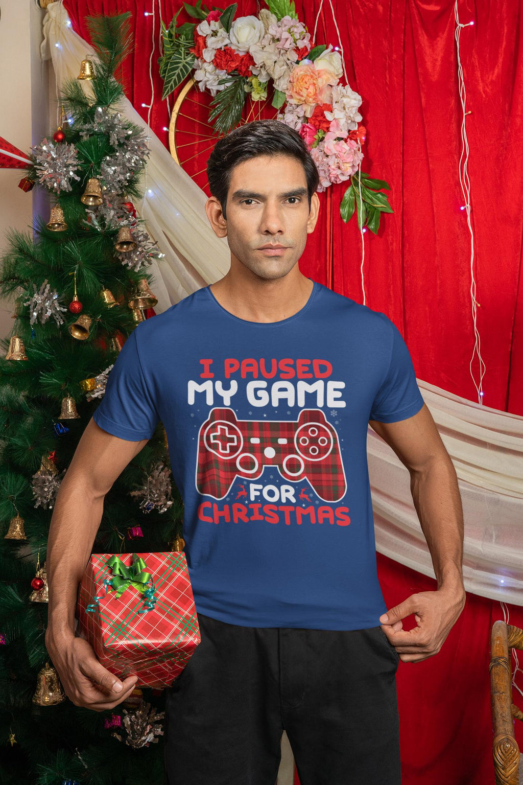 Funny Gamer Christmas T-Shirt, Plaid Controller, Reindeer Tee