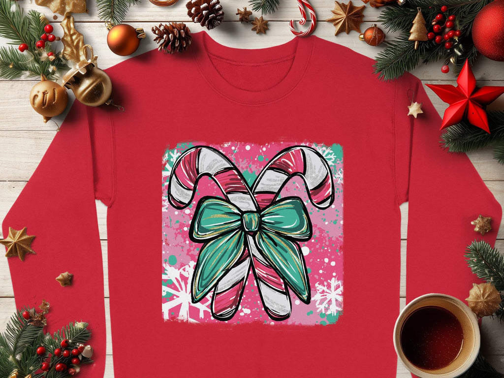Christmas candy cane bow graphic shirt, holiday festive long sleeve tee, Christmas party attire, Christmas gift idea, holiday outfit