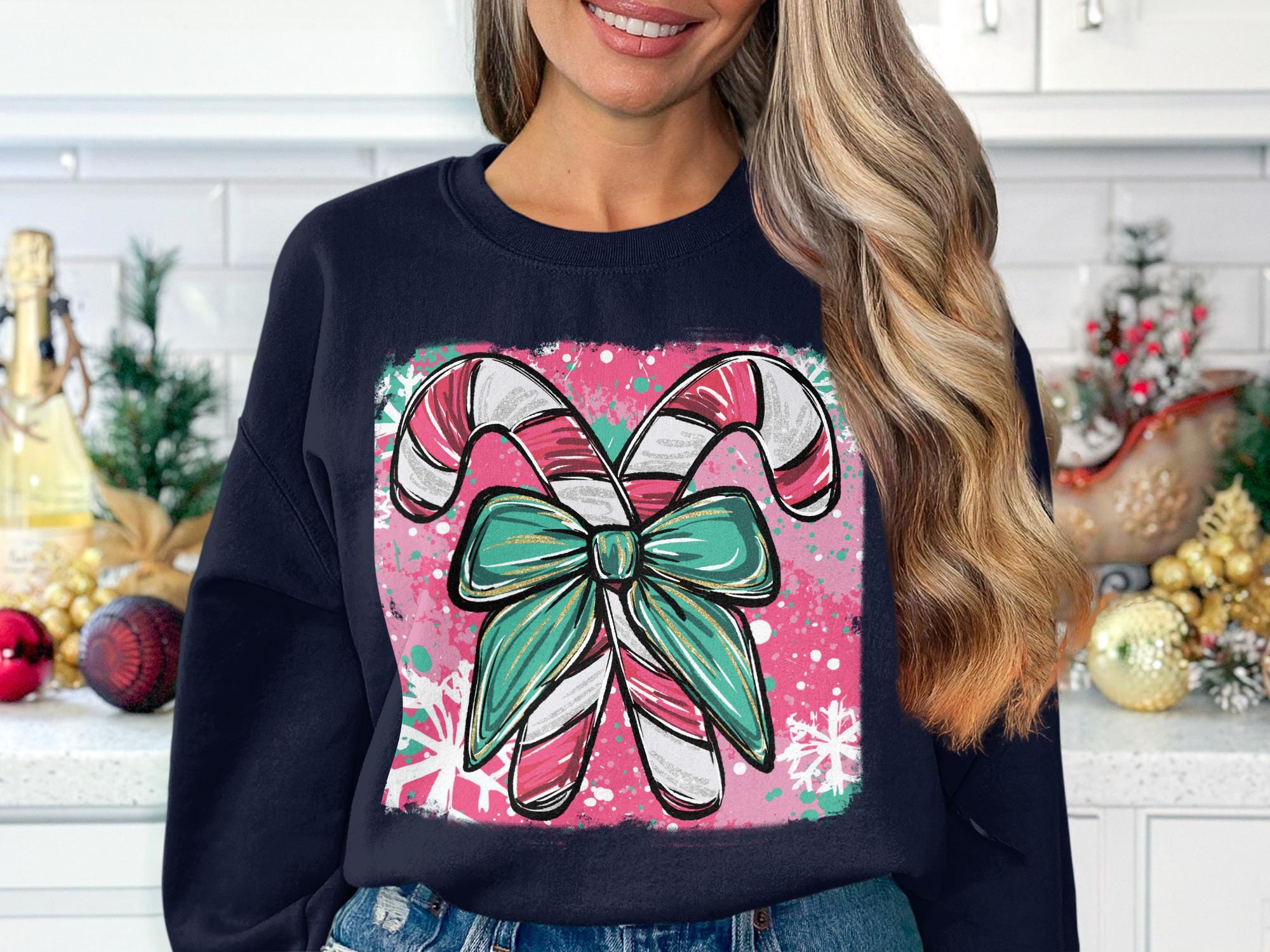 Christmas Candy Cane Bow Sweater, Holiday Season Sweatshirt, Festive Winter Apparel, Cozy Christmas Clothing, Cute Xmas Gift Idea