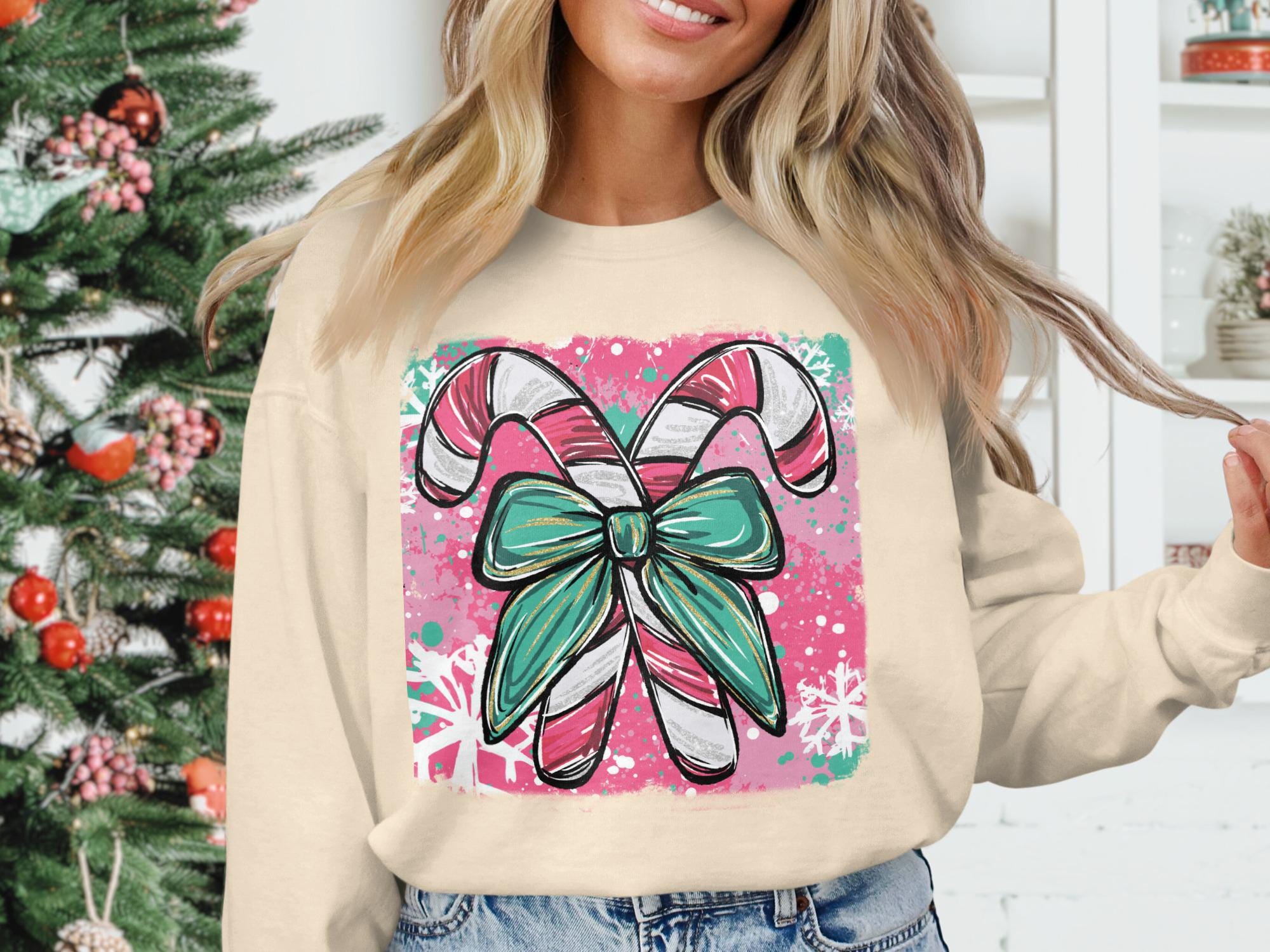 Candy Cane Bow Christmas Sweater, Holiday Graphic Sweatshirt, Festive Winter Apparel, Cozy Christmas Clothing, Xmas Gift for Her