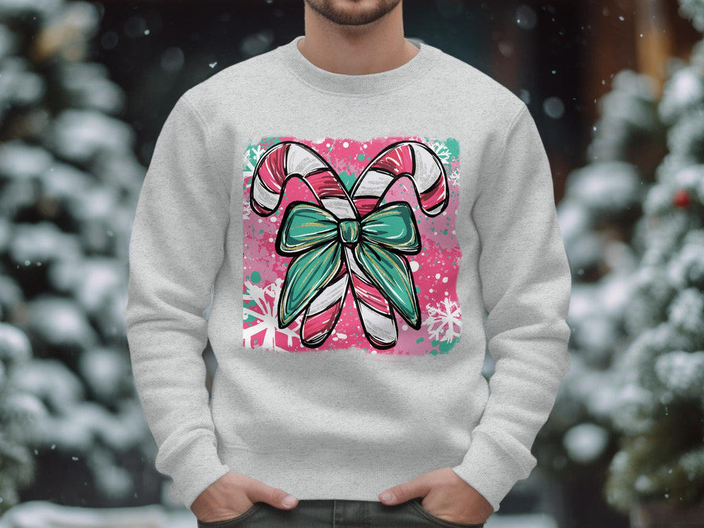 Christmas Candy Cane Bow Sweatshirt, Holiday Season Crewneck, Festive Winter Apparel, Graphic Christmas Sweater, Cozy Holiday Gift