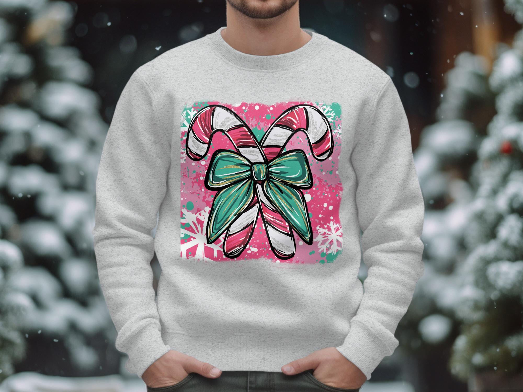 Christmas Candy Cane Bow Sweatshirt, Holiday Season Crewneck, Festive Winter Apparel, Graphic Christmas Sweater, Cozy Holiday Gift