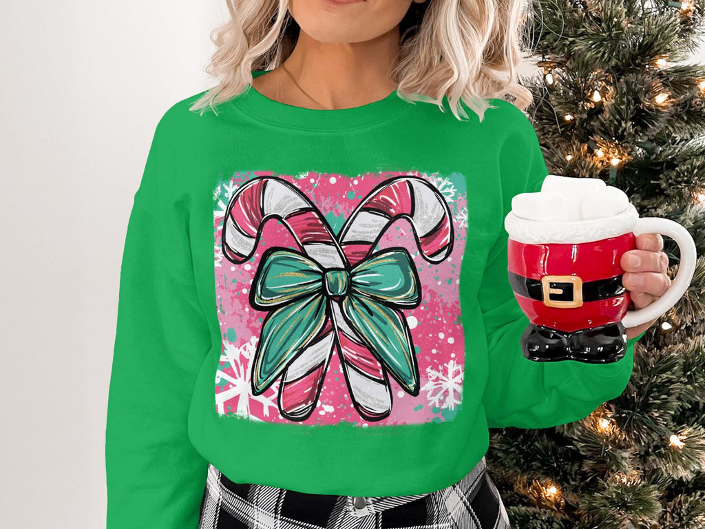 Christmas Candy Cane Bow Sweatshirt, Holiday Graphic Pullover, Festive Winter Apparel, Cute Christmas Top, Cozy Holiday Sweater
