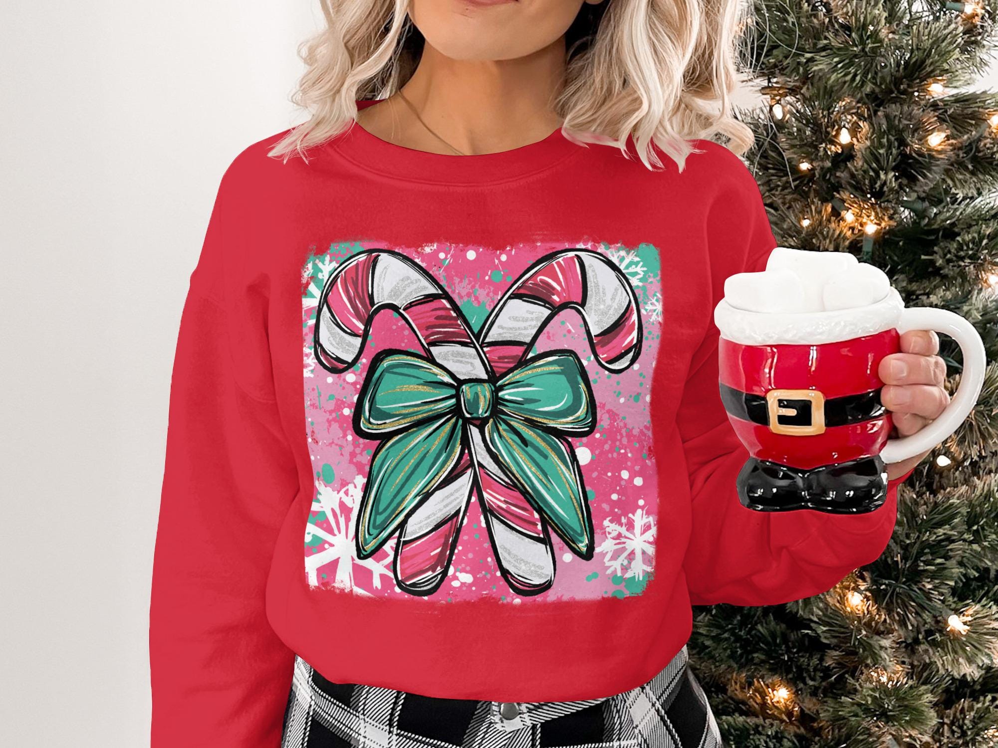 Christmas Candy Cane Bow Sweater, Holiday Graphic Sweatshirt, Festive Christmas Apparel, Ugly Christmas Sweater Party Outfit