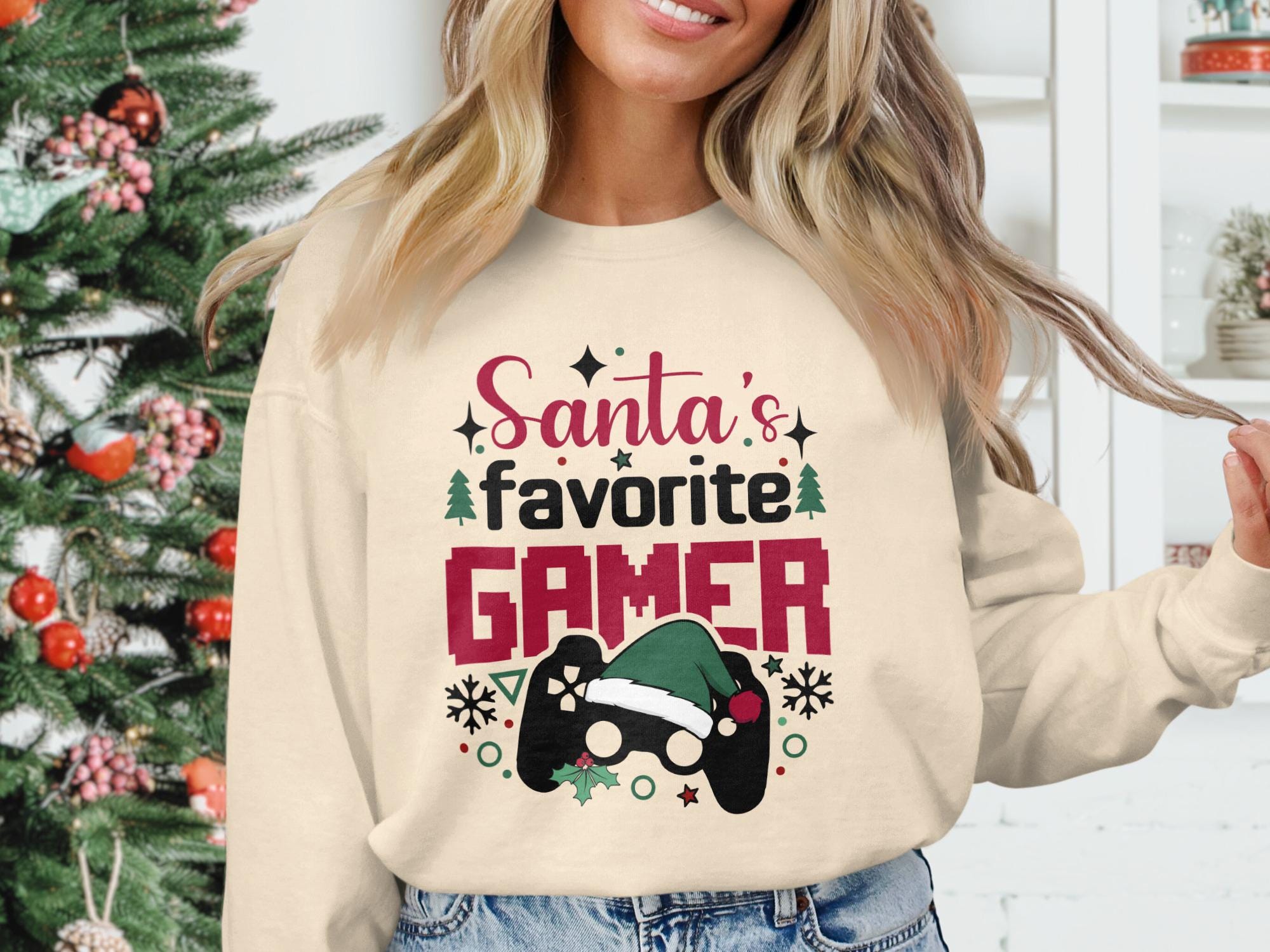Santa&#39;s Favorite Gamer Sweatshirt, Christmas Gaming Sweater, Holiday Gifts for Gamers, Xmas Gamer Crewneck, Festive Gamer Apparel