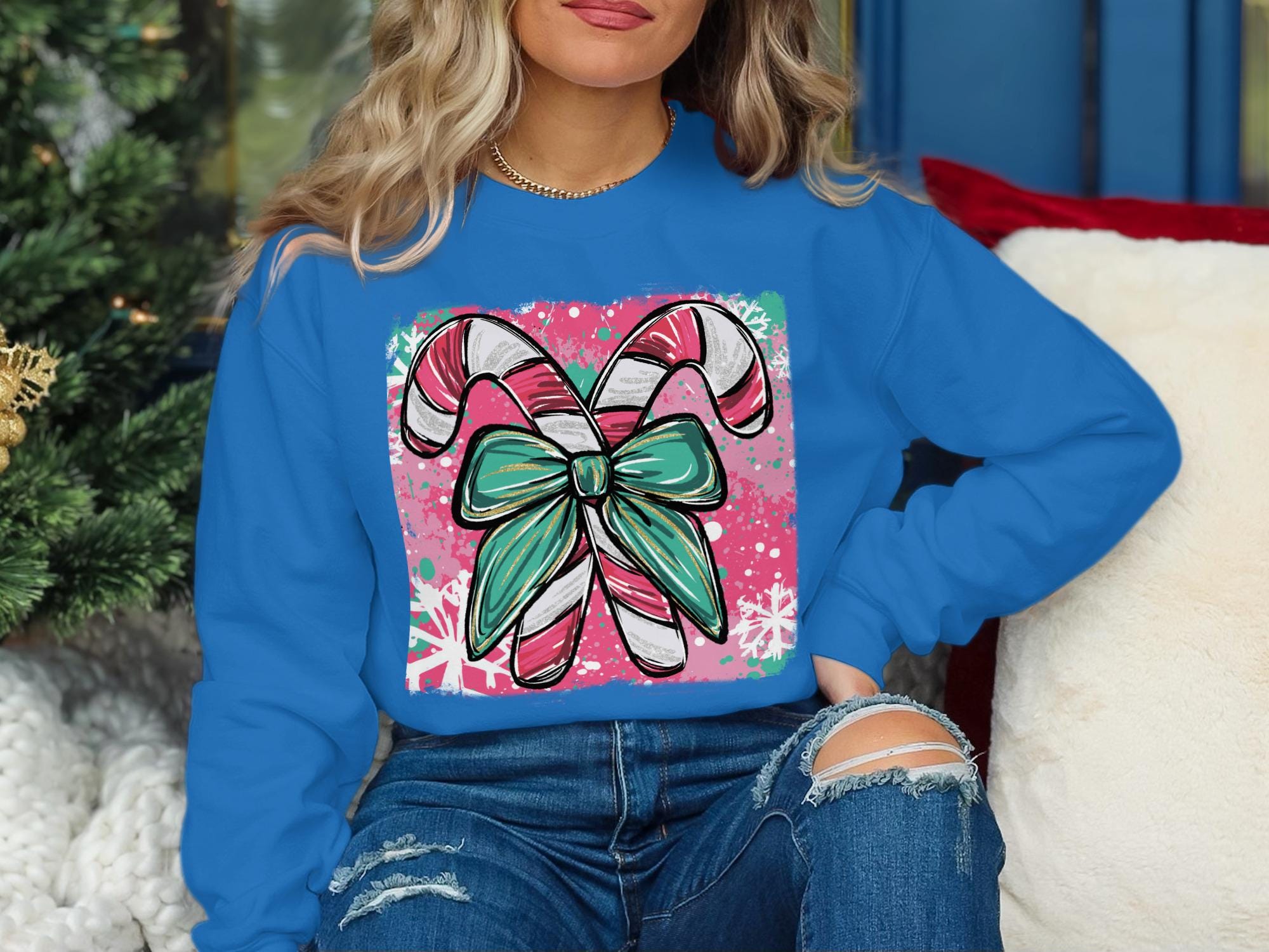 Christmas Candy Cane Crewneck Sweatshirt, Holiday Graphic Sweater, Festive Apparel, Winter Holiday Clothing, Xmas Gift for Her