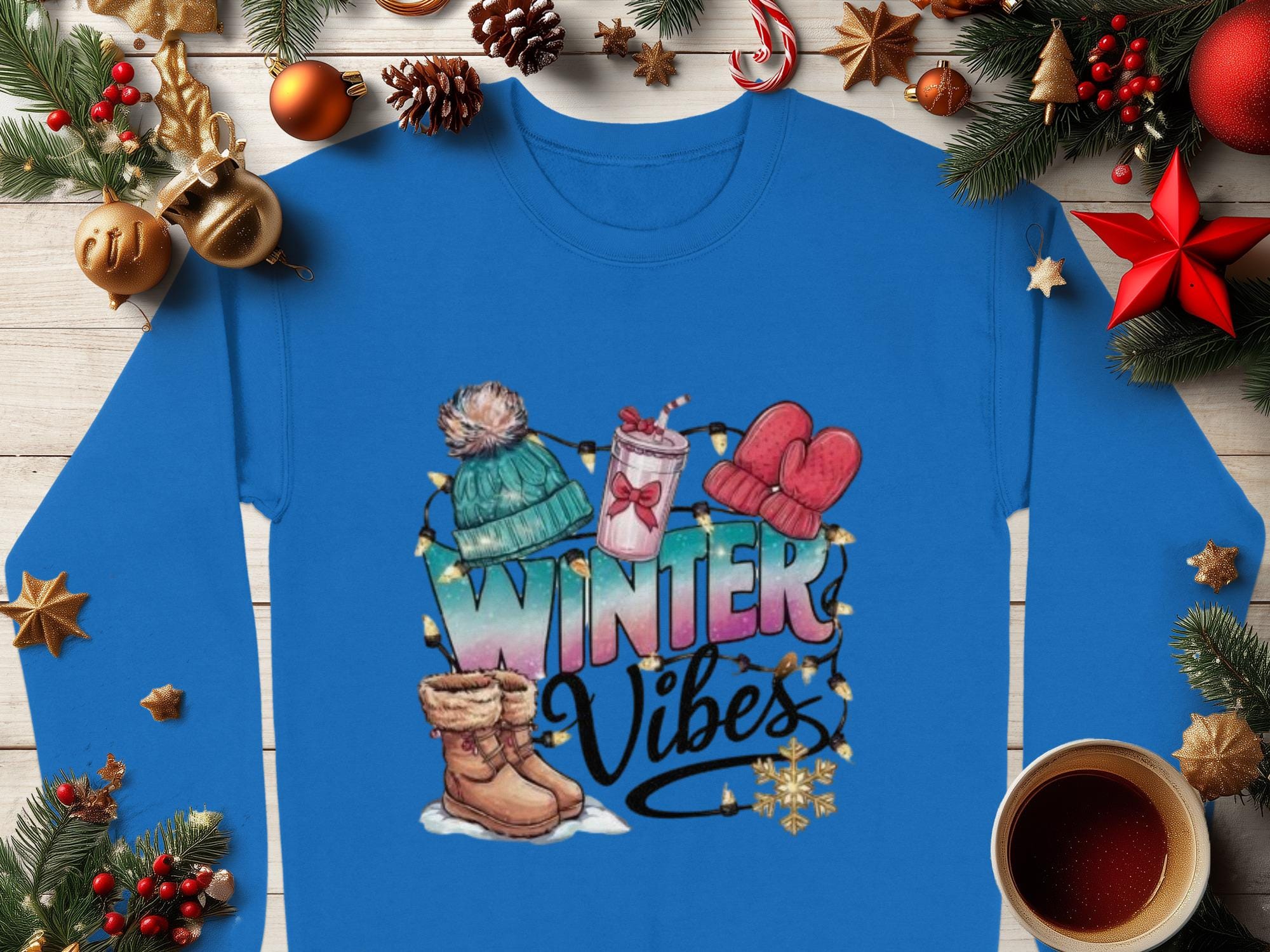 Winter Vibes sweatshirt, cozy winter outfit, stylish winter clothing, holiday season apparel, festive holiday wear, winter fashion