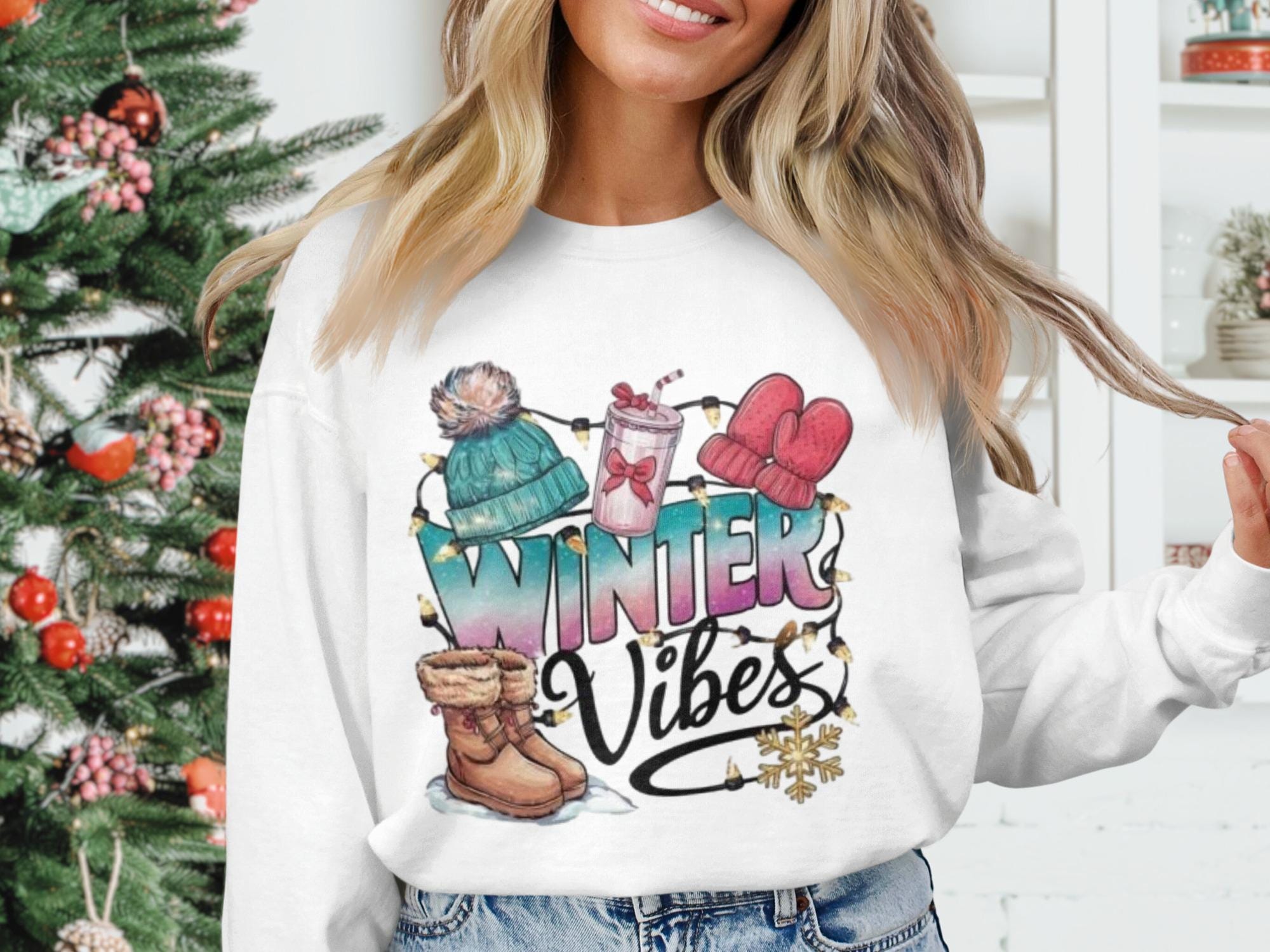 Winter Vibes Sweatshirt, Cozy Christmas Sweater, Holiday Season Pullover, Warm Winter Apparel, Festive Graphic Tops