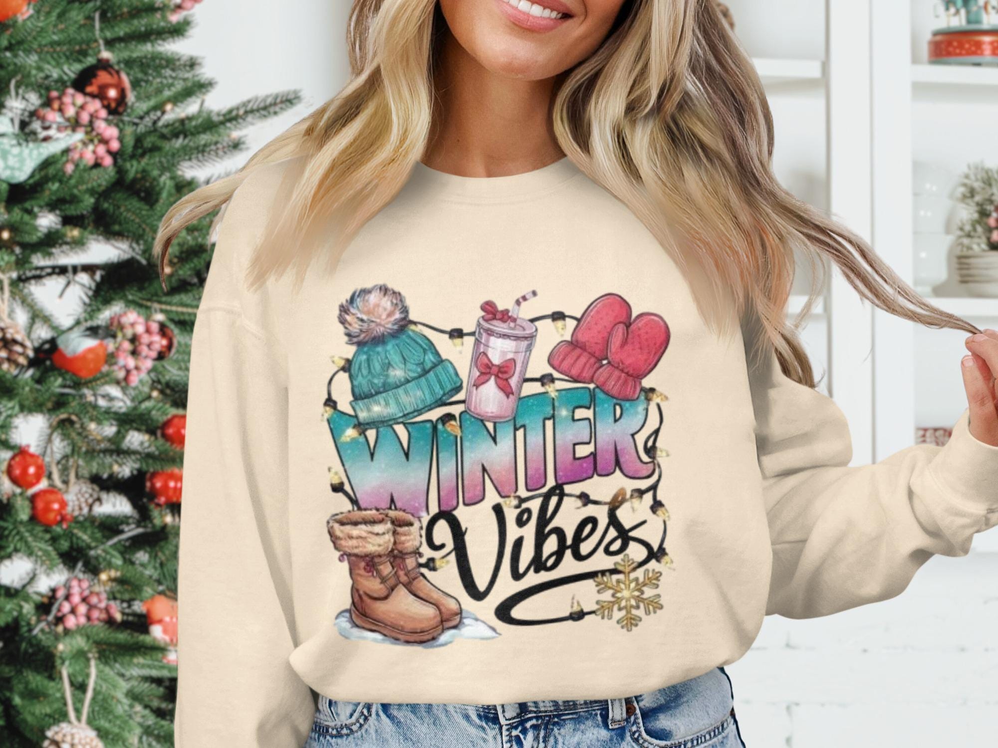 Winter Vibes Sweatshirt, Cozy Winter Clothing, Christmas Holiday Sweater, Cute Winter Outfit, Festive Apparel, Winter Fashion